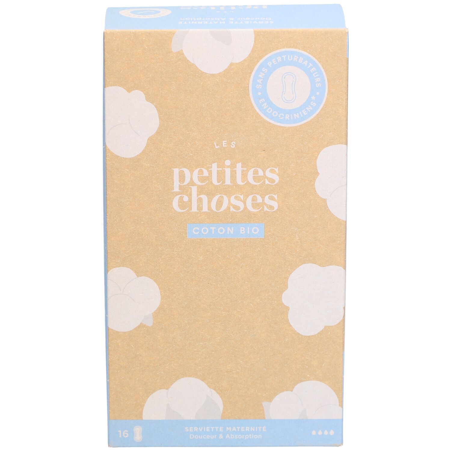 Kartonverpackung mit Produktabbildung. Aufschrift: LES PETITES CHOSES, Coton Bio. Produktinformationen und Zertifizierungen.