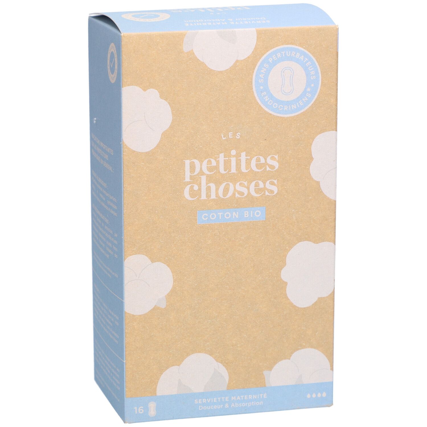 Kartonverpackung mit Produktabbildung. Aufschrift: LES PETITES CHOSES, Coton Bio. Produktinformationen und Zertifizierungen.