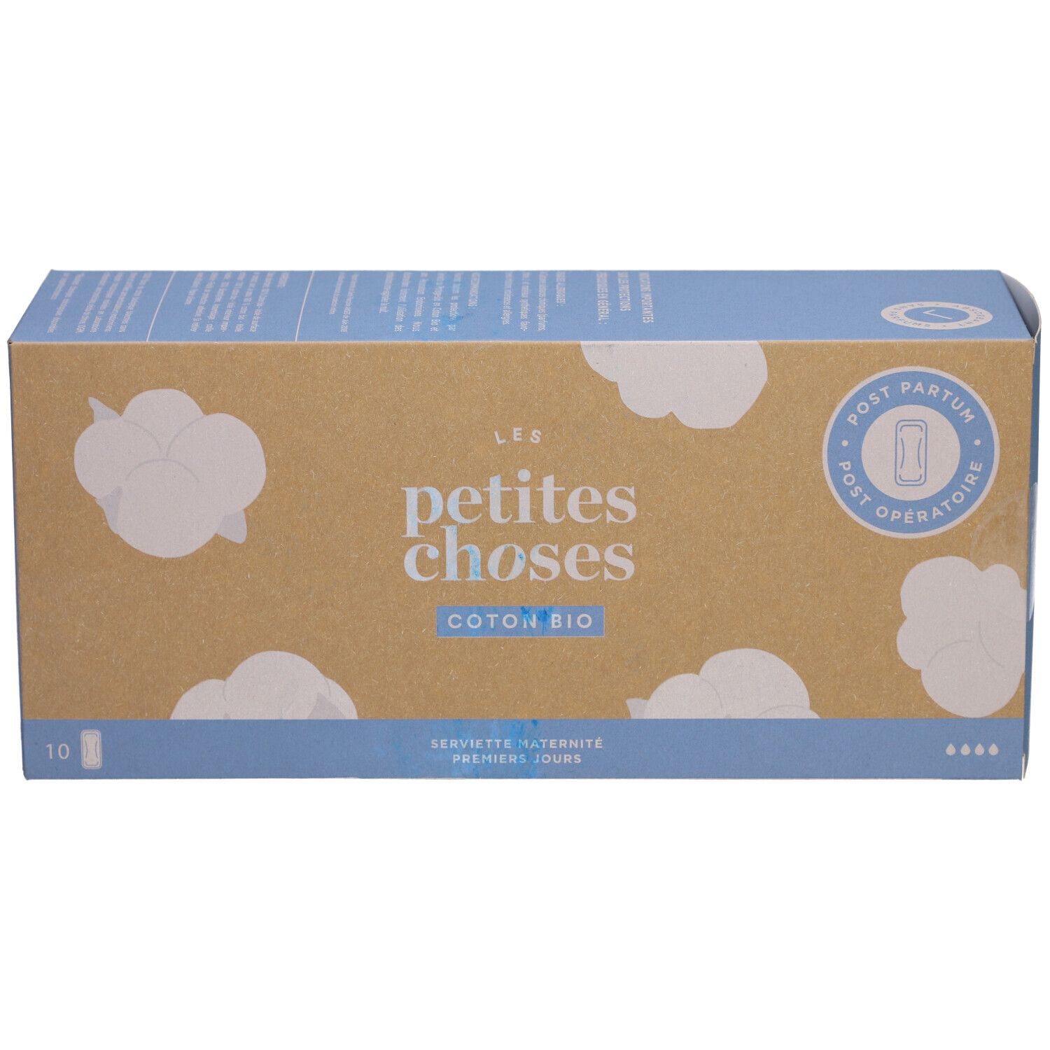 Boîte LES PETITES CHOSES, COTON BIO. Motifs de nuages. Texte: Servietten für die ersten Tage. Logo Post Partum. 10 pièces.