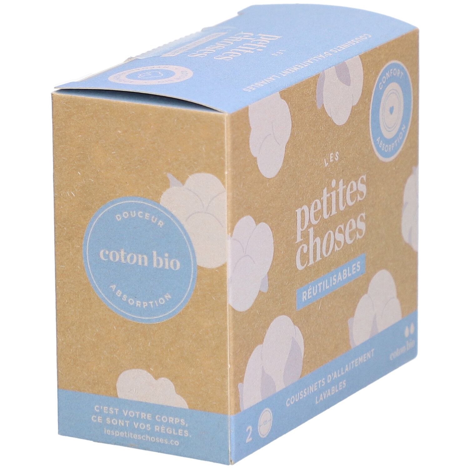 Boîte en carton "LES PETITES CHOSES" et "RÉUTILISABLES". Contient 2 coussinets d'allaitement lavables en coton bio.