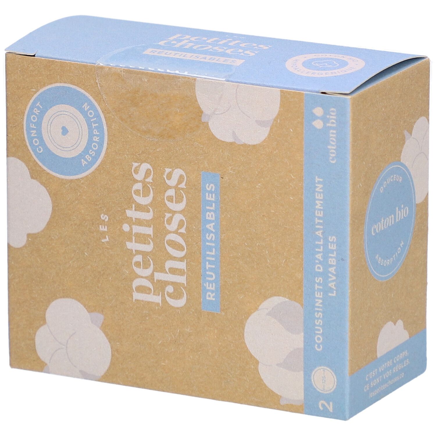 Boîte en carton "LES PETITES CHOSES" et "RÉUTILISABLES". Contient 2 coussinets d'allaitement lavables en coton bio.