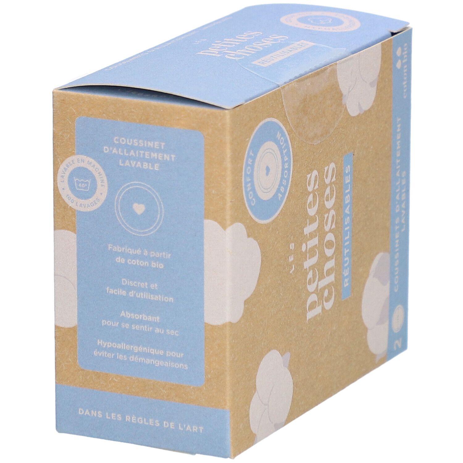 Boîte en carton "LES PETITES CHOSES" et "RÉUTILISABLES". Contient 2 coussinets d'allaitement lavables en coton bio.