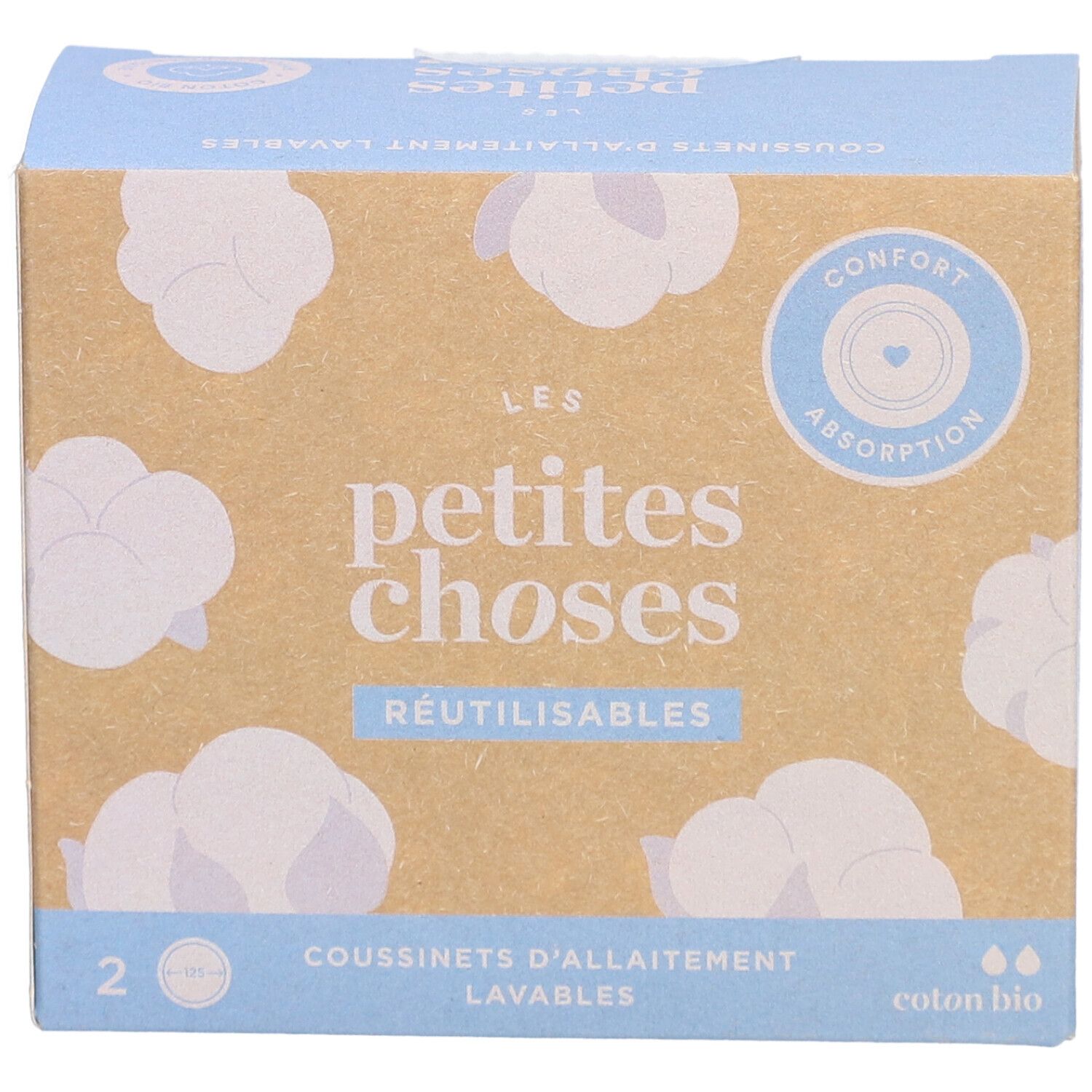 Boîte en carton "LES PETITES CHOSES" et "RÉUTILISABLES". Contient 2 coussinets d'allaitement lavables en coton bio.