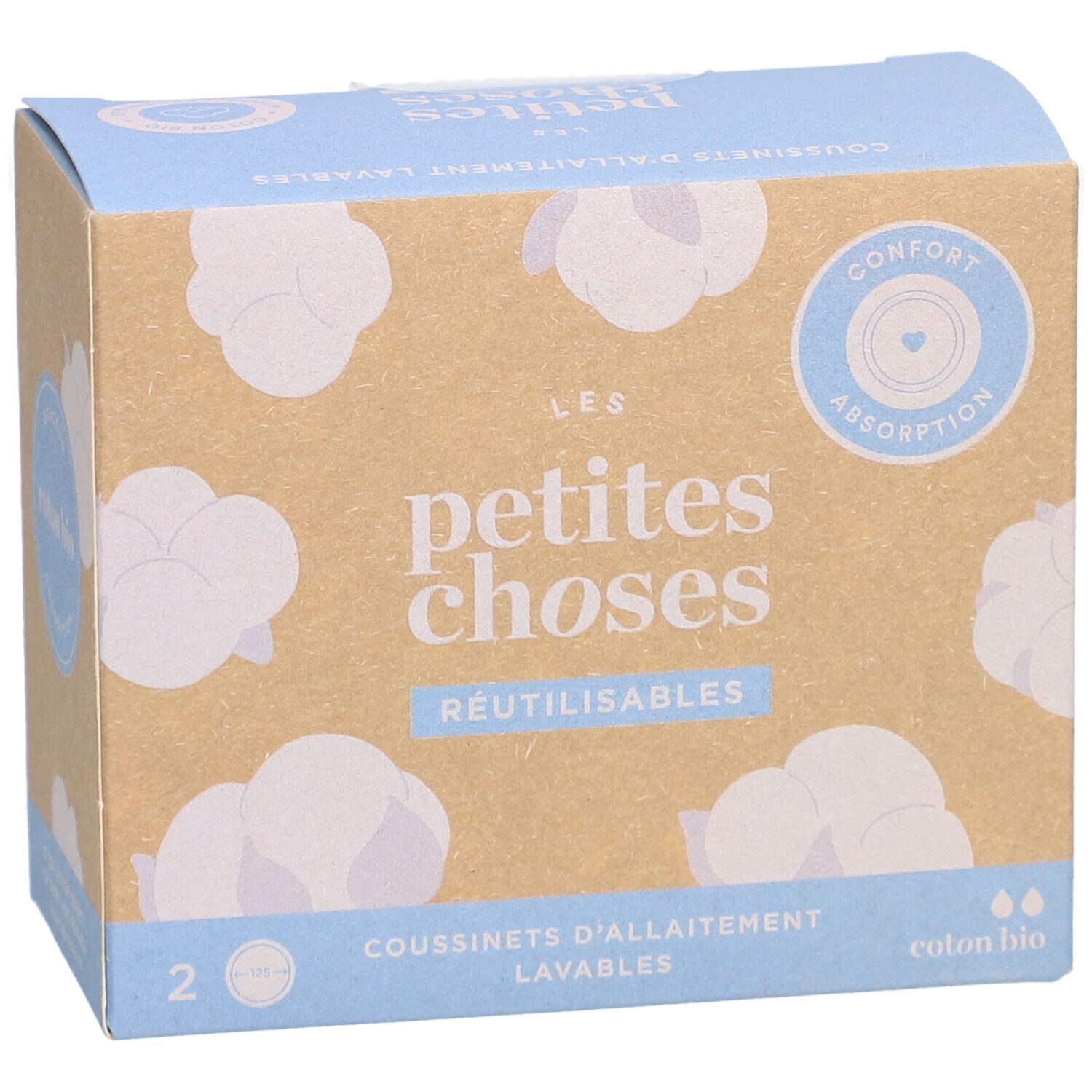 Boîte en carton "LES PETITES CHOSES" et "RÉUTILISABLES". Contient 2 coussinets d'allaitement lavables en coton bio.