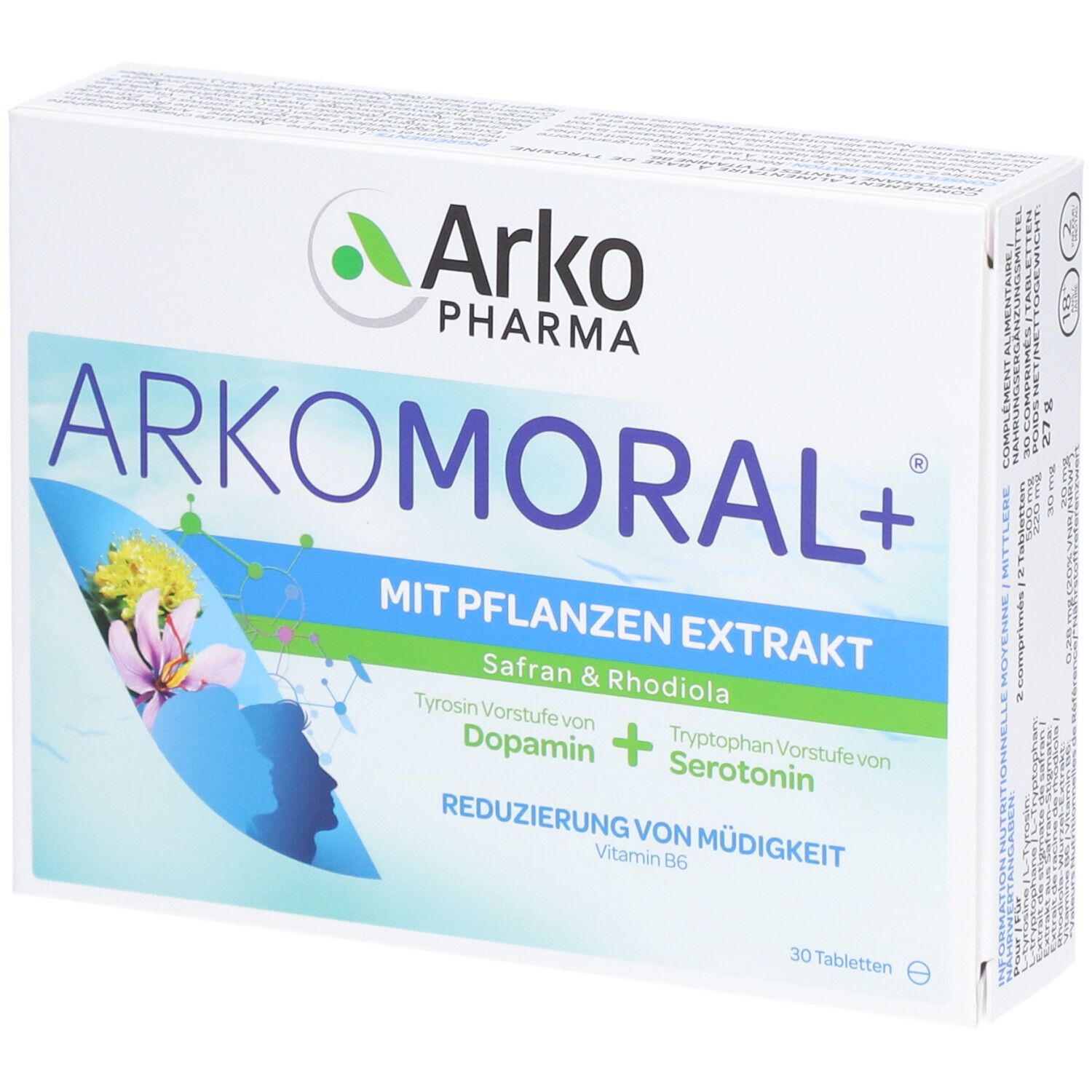 Boîte "ARKOMORAL+" d'Arko Pharma. Contient extrait de plantes, 30 comprimés. Accents bleus et verts.