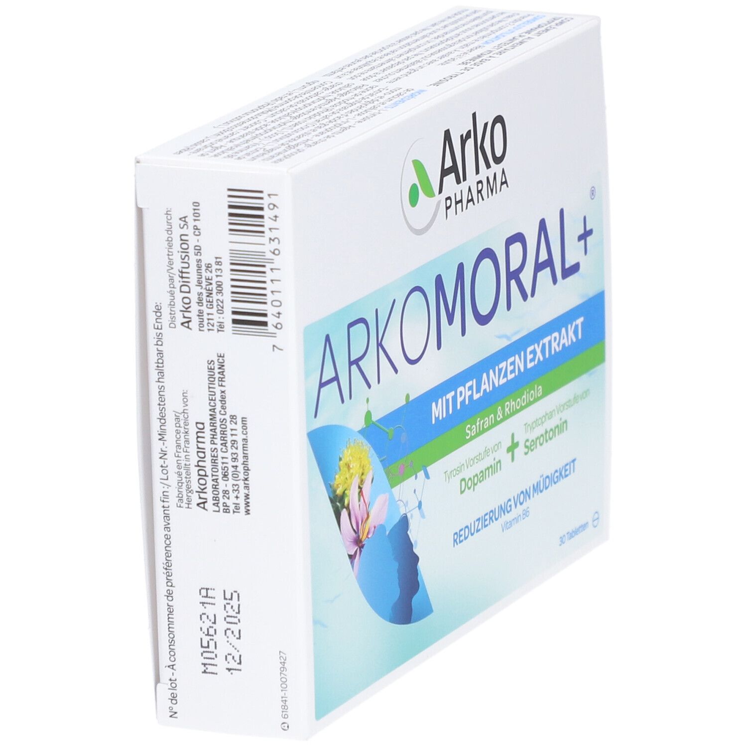 Boîte "ARKOMORAL+" d'Arko Pharma, en biais. Contient extrait de plantes, 30 comprimés. Accents bleus et verts. Texte et logo.