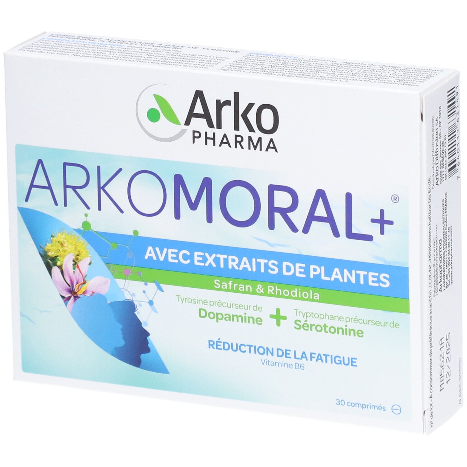 Boîte "ARKOMORAL+" d'Arko Pharma. Contient extrait de plantes, 30 comprimés. Accents bleus et verts. Inscription en français.