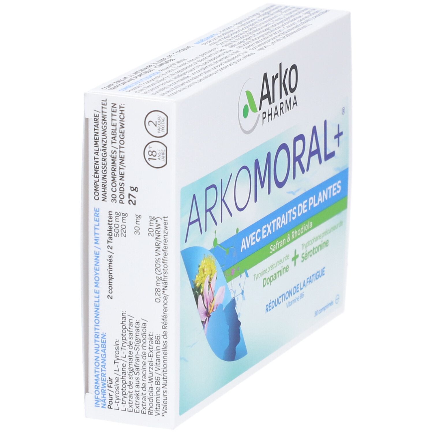 Boîte "ARKOMORAL+" d'Arko Pharma, en biais. Contient extrait de plantes, 30 comprimés. Accents bleus et verts. Informations nutritionnelles.
