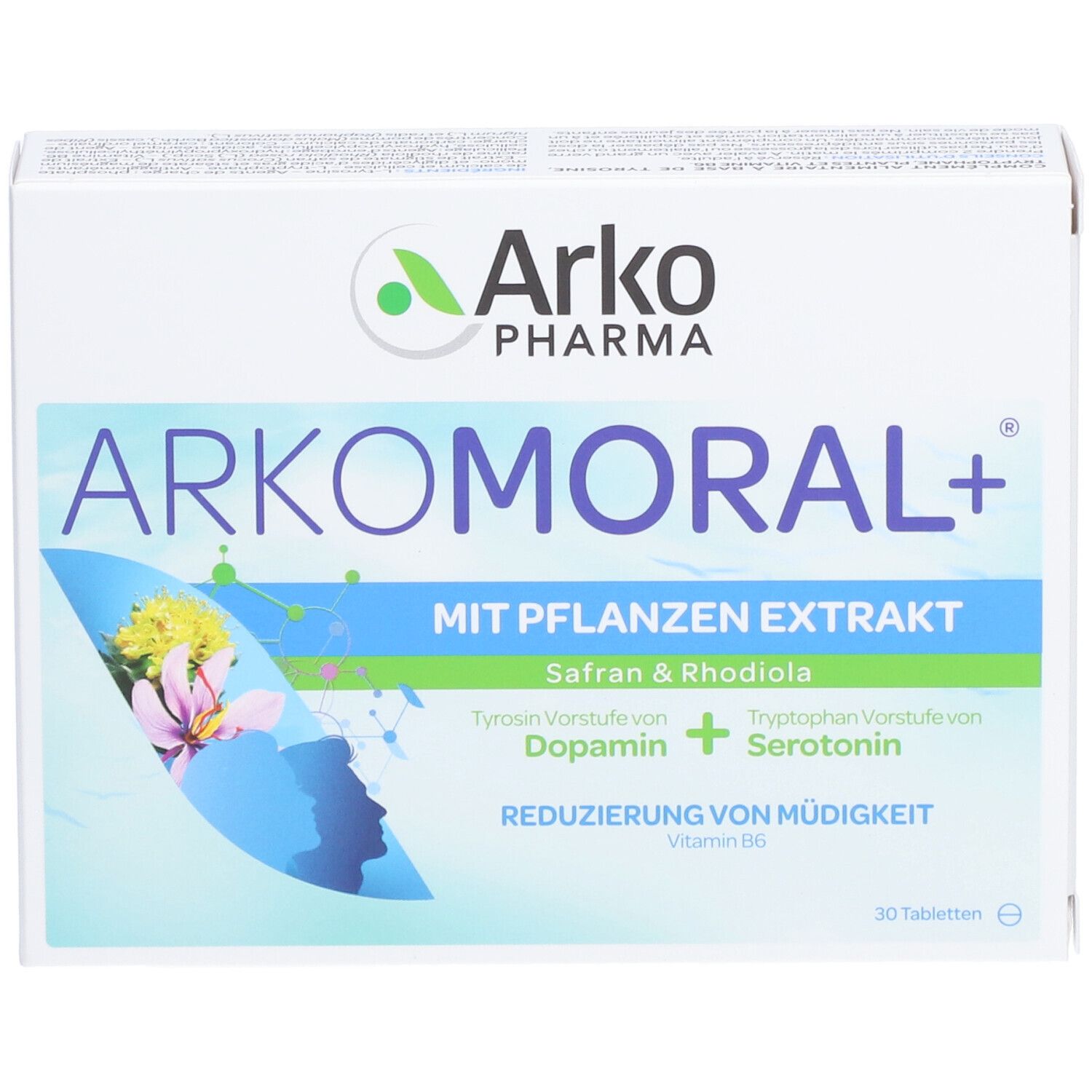 Boîte "ARKOMORAL+" d'Arko Pharma. Contient extrait de plantes, 30 comprimés. Accents bleus et verts. Vue de face.
