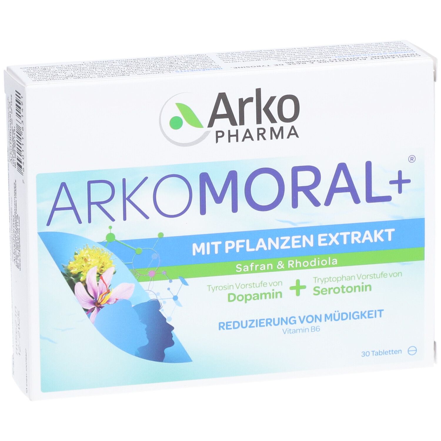 Boîte "ARKOMORAL+" d'Arko Pharma. Contient extrait de plantes, 30 comprimés. Accents bleus et verts. Vue de face.