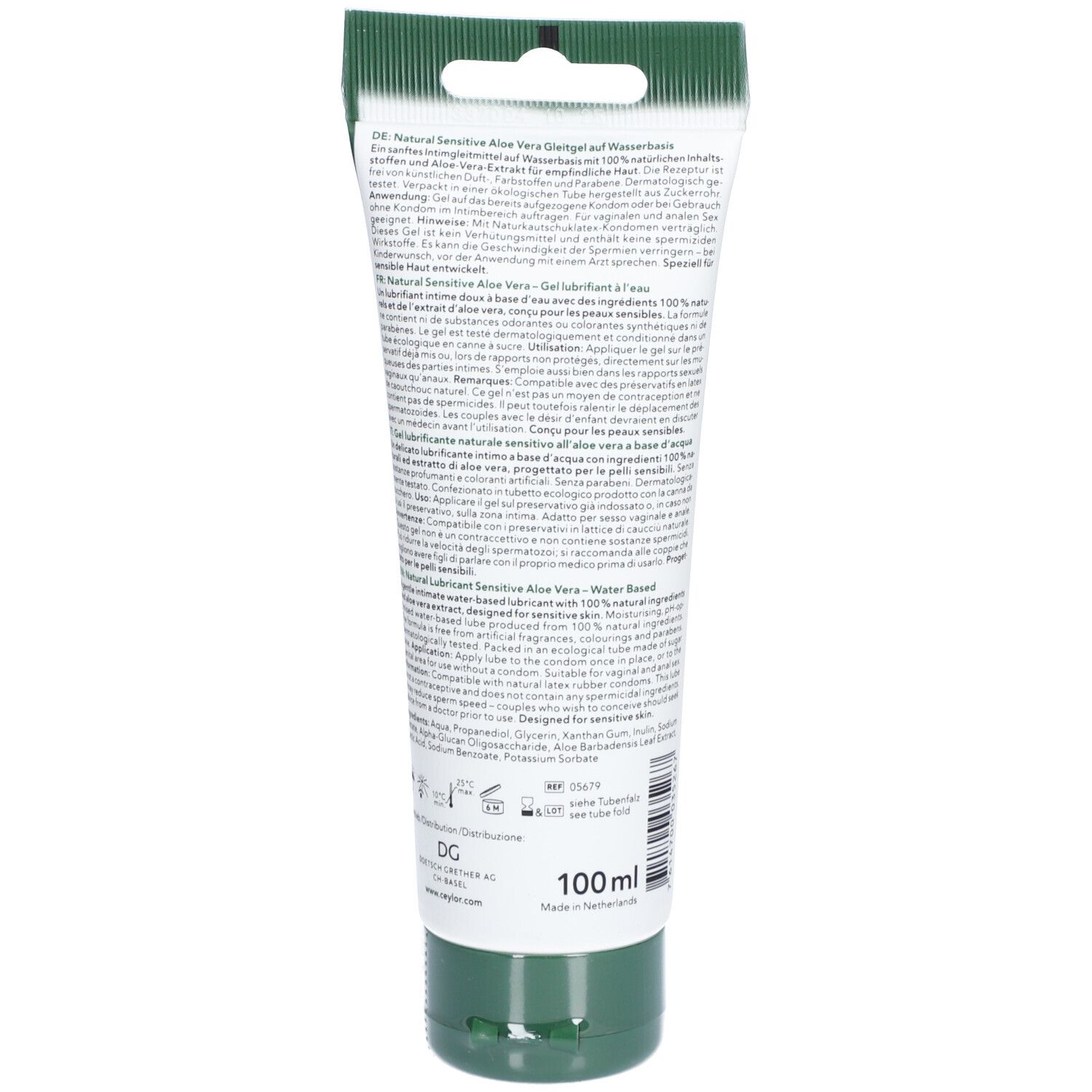 Rückseite der Tube. Text in mehreren Sprachen. Grüner Verschluss. "100ml" und "Made in Germany".