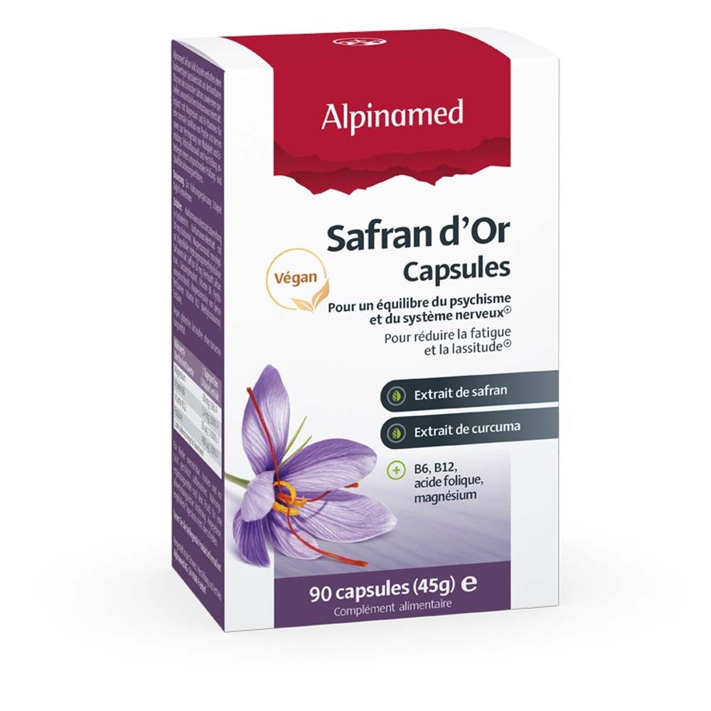 Boîte Alpinamed Safran d'Or Capsules. Face avant avec nom du produit, logo et ingrédients. Vegan. 90 capsules.