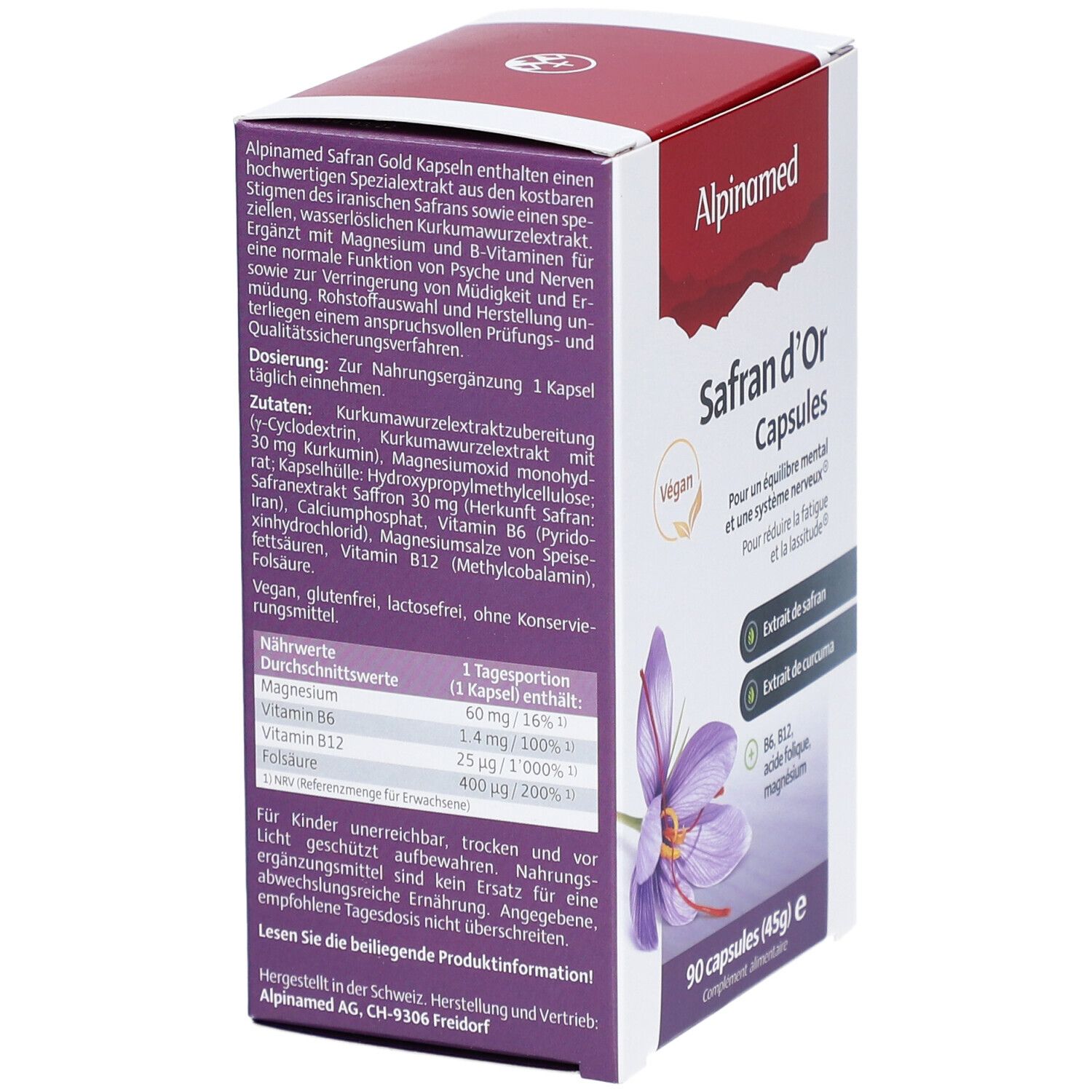Karton Alpinamed Safran d'Or Capsules. Rückseite mit Inhaltsstoffen, Dosierung und Nährwertangaben. Vegan. 90 Kapseln.