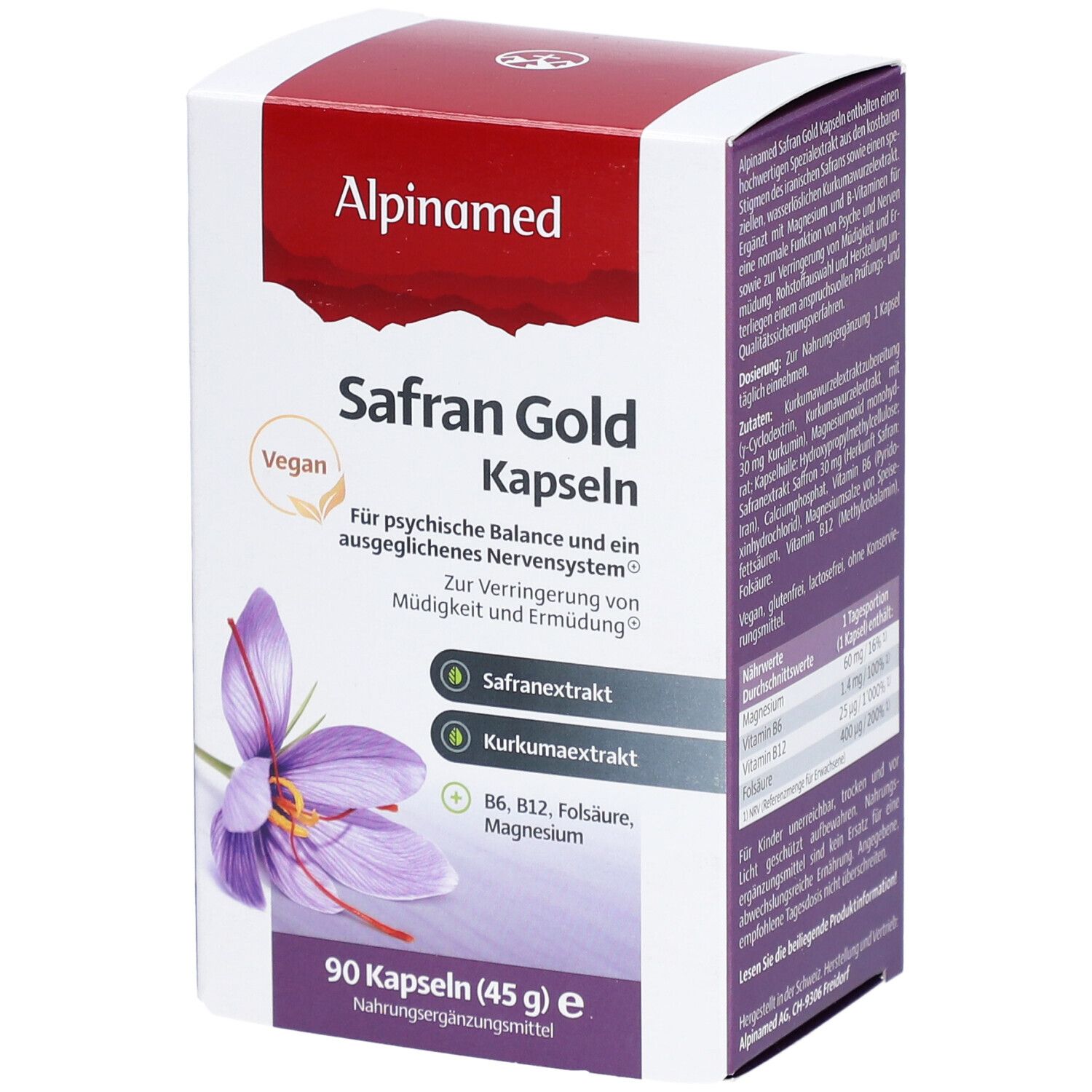 Karton Alpinamed Safran Gold Kapseln. Vegan. 90 Kapseln. Mit Safran- und Kurkumaextrakt. Enthält B6, B12, Folsäure, Magnesium.
