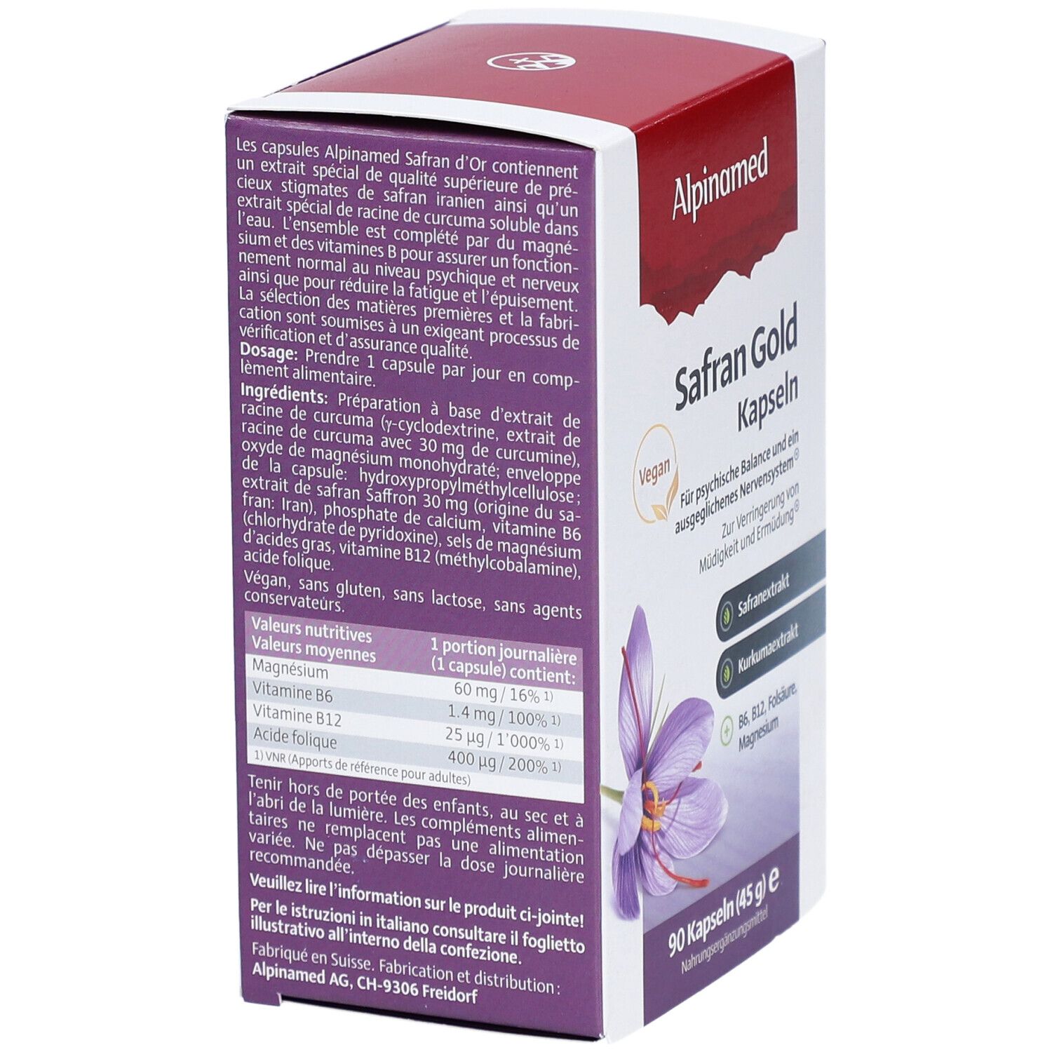 Karton Alpinamed Safran Gold Kapseln. Rückseite mit Inhaltsstoffen, Dosierung und Nährwertangaben. Vegan. 90 Kapseln.