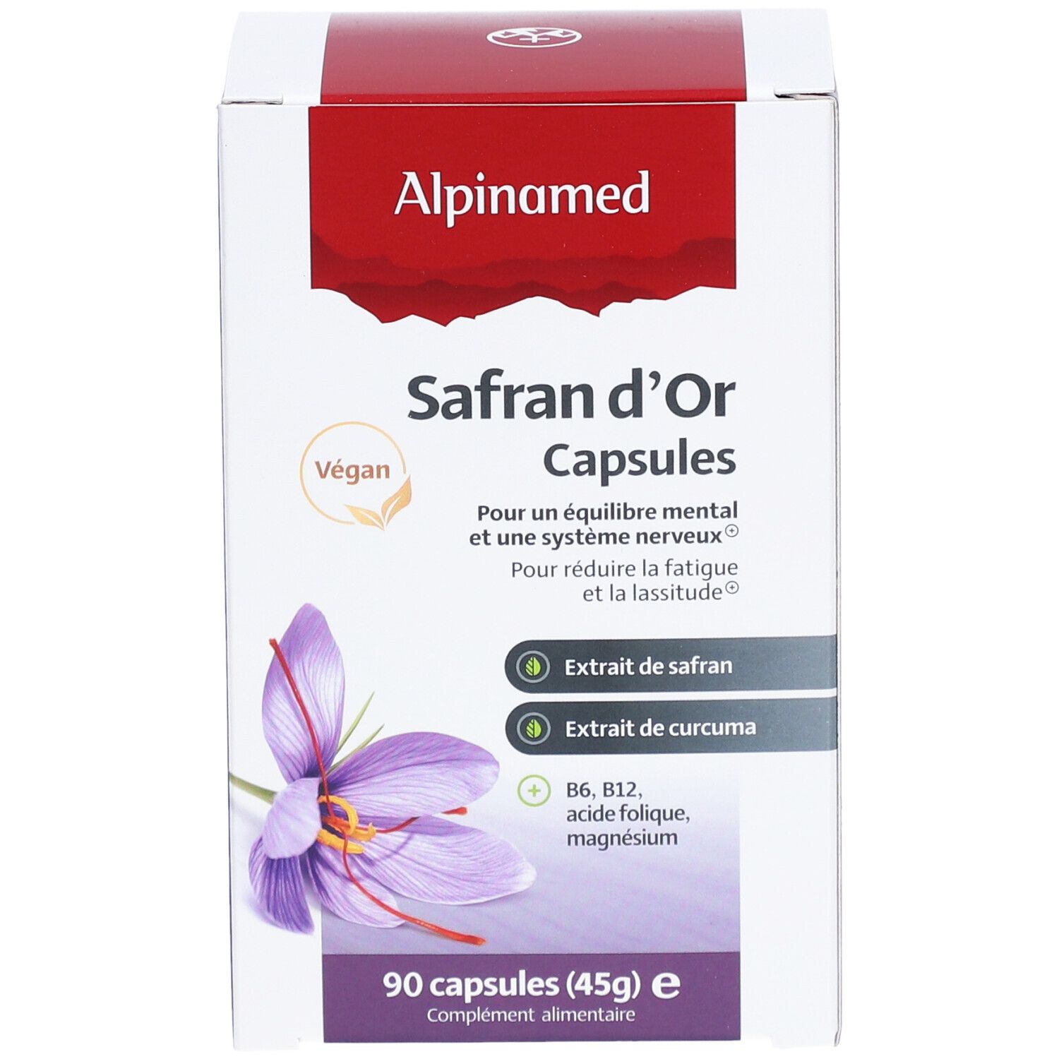 Karton mit Alpinamed Safran d'Or Capsules. Vegan. 90 Kapseln. Mit Safran- und Kurkumaextrakt. Enthält B6, B12, Folsäure, Magnesium.