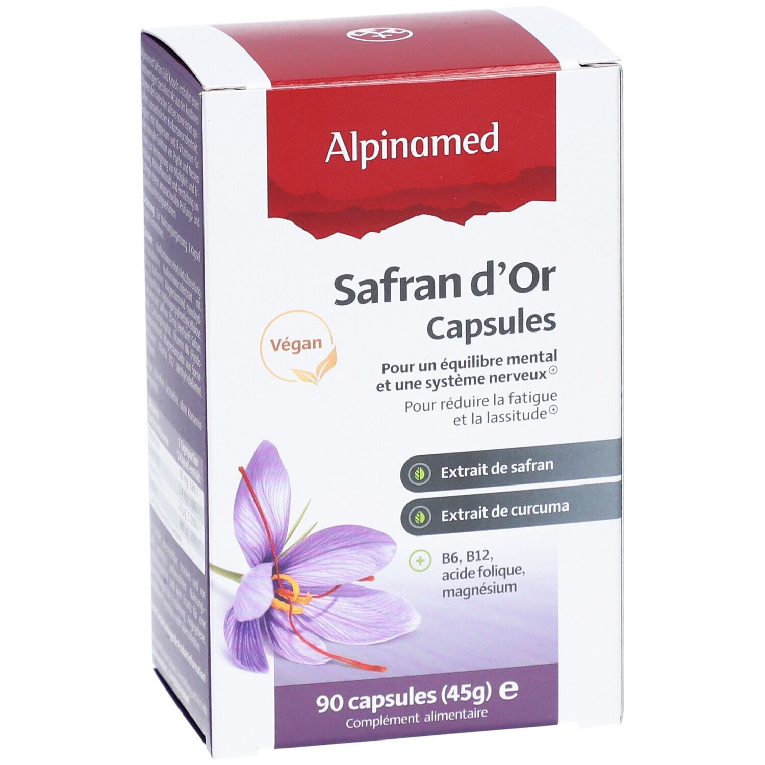 Karton mit Alpinamed Safran d'Or Capsules. Vegan. 90 Kapseln. Mit Safran- und Kurkumaextrakt. Enthält B6, B12, Folsäure, Magnesium.