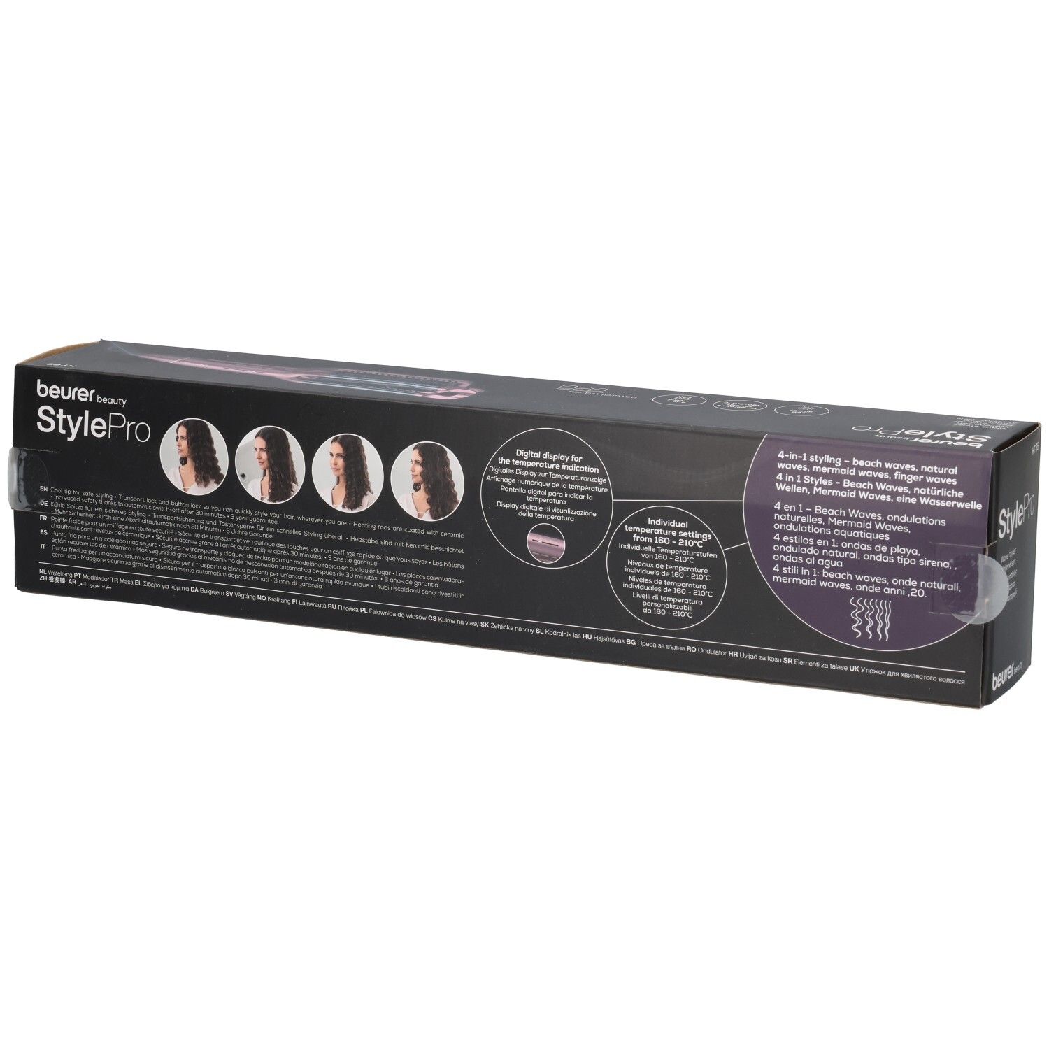 Rückseite der Verpackung des Beurer StylePro HT 65 Welleneisens. Abbildungen von Frisuren. Text: 4-in-1 Styling, digitale Temperatur.