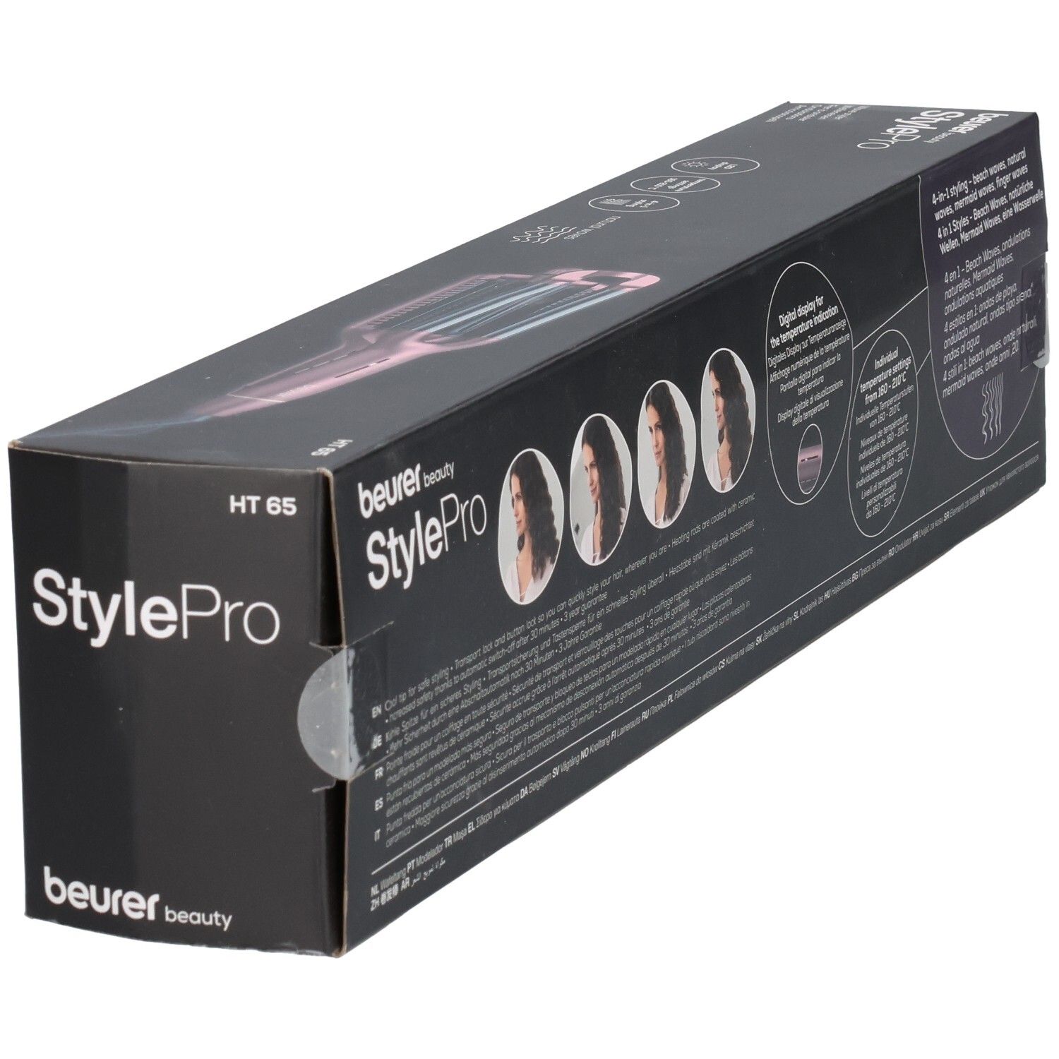 Verpackung des Beurer StylePro HT 65 Welleneisens. Abbildungen von Frisuren. Aufdrucke: StylePro, HT 65, digitale Temperatur.