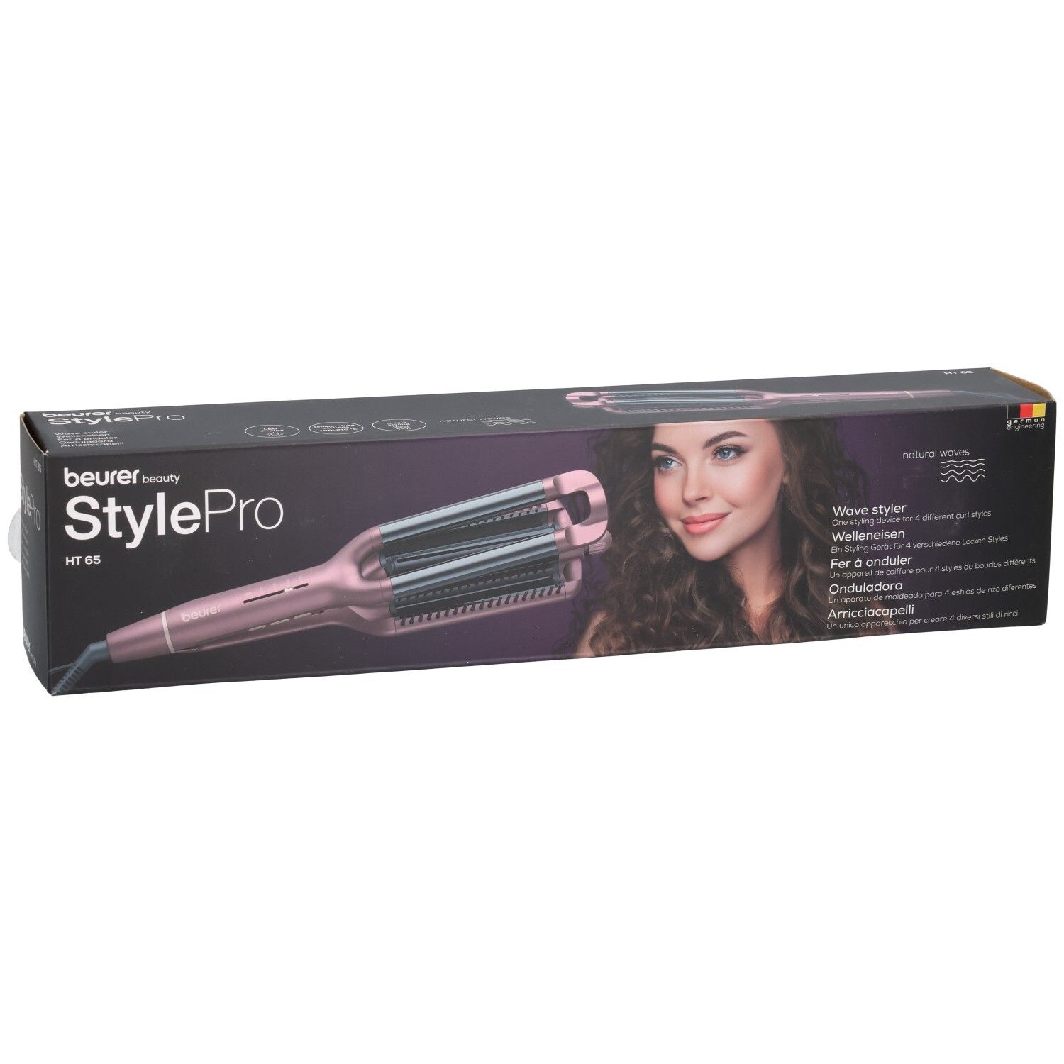 Beurer StylePro HT 65 Welleneisen in Verpackung. Rosa Gerät mit Wellenplatten. Aufdrucke: Wave Styler, natürliche Wellen.