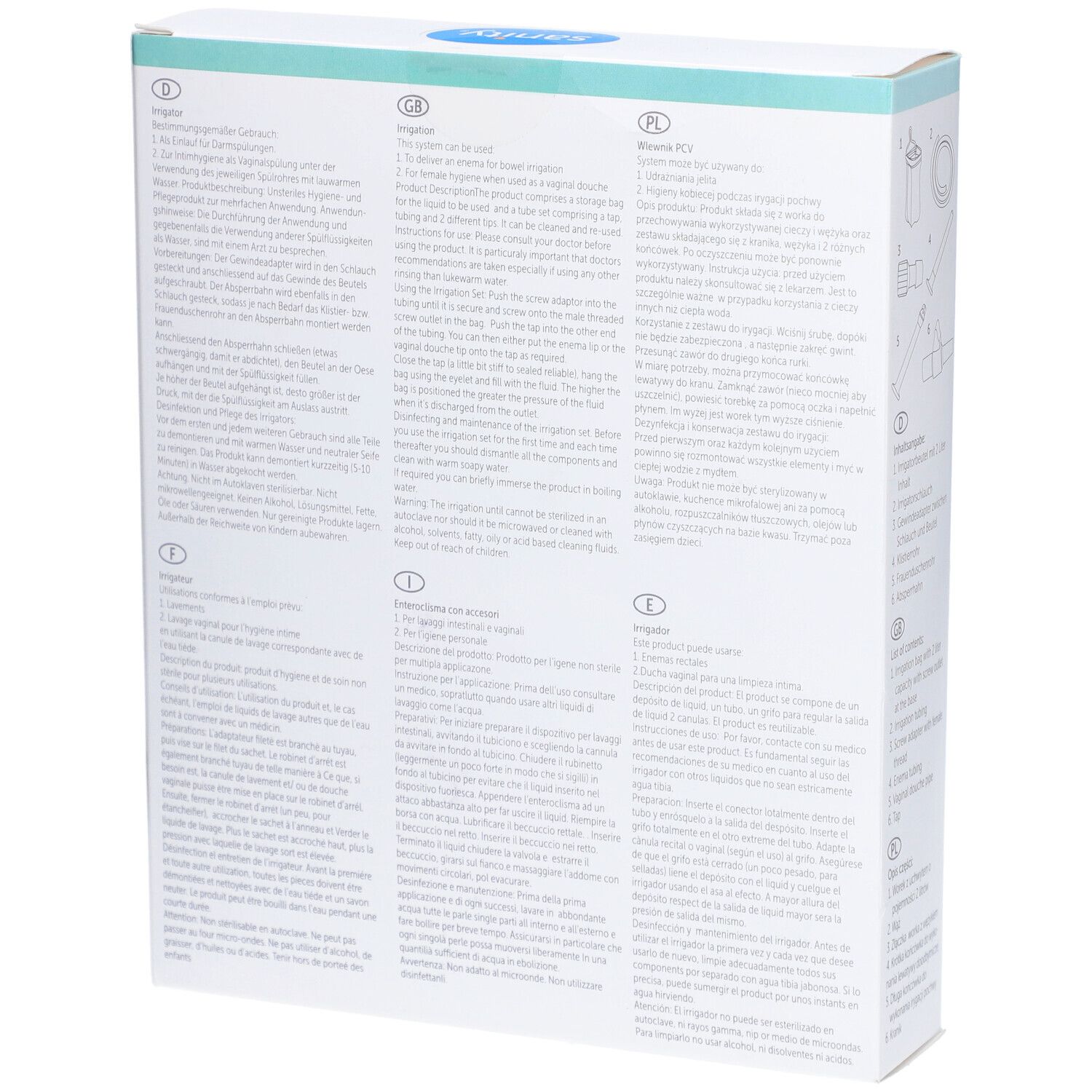 Dos de l'emballage du kit d'irrigation de voyage. Texte multilingue avec informations et instructions sur le produit.