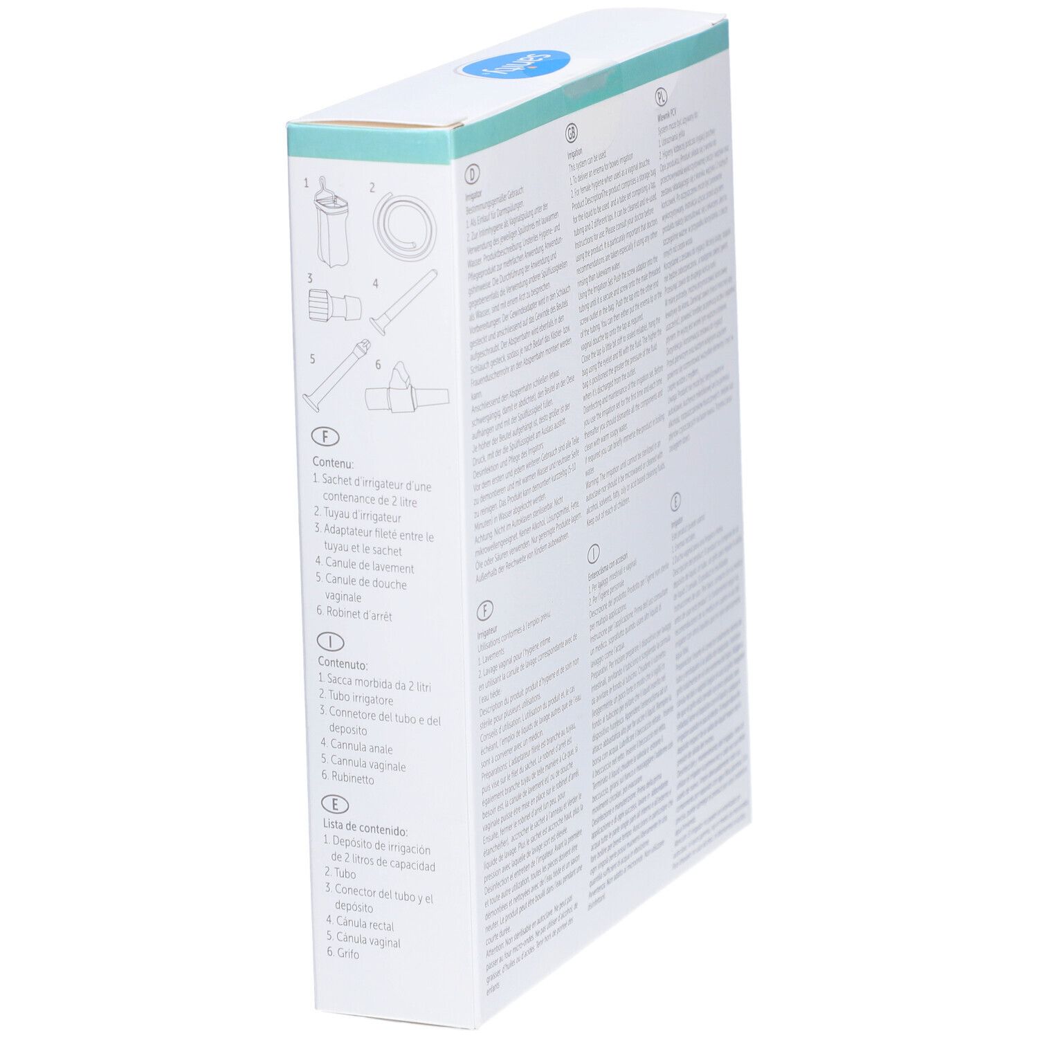 Dos de l'emballage du kit d'irrigation de voyage. Texte multilingue avec informations et instructions sur le produit.