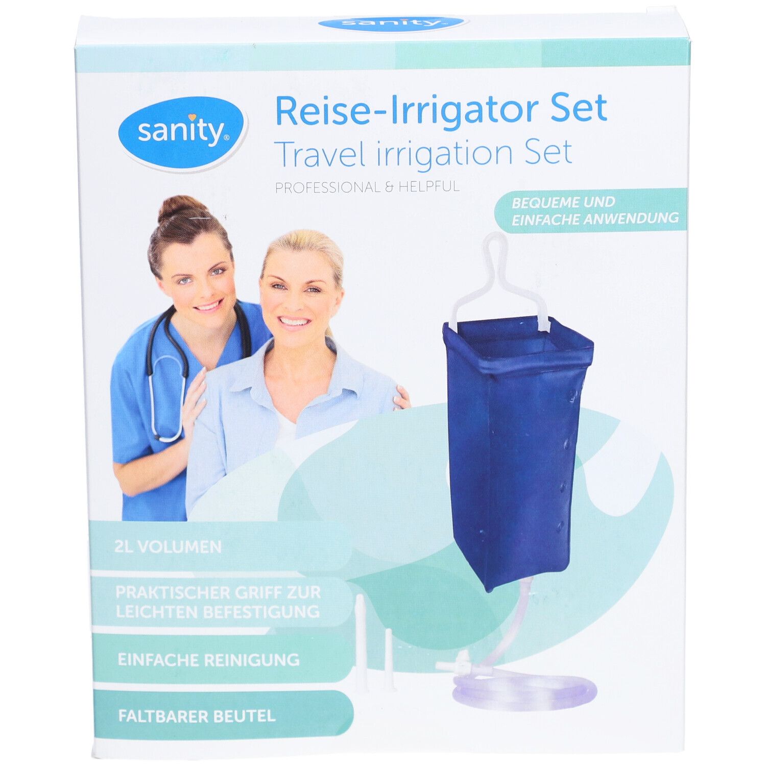 Emballage du kit d'irrigation de voyage. Deux femmes sont représentées sur l'emballage. Le sac bleu est visible.