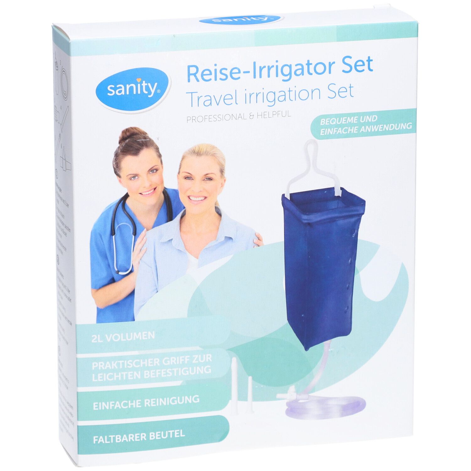 Emballage du kit d'irrigation de voyage. Deux femmes sont représentées sur l'emballage. Le sac bleu est visible.