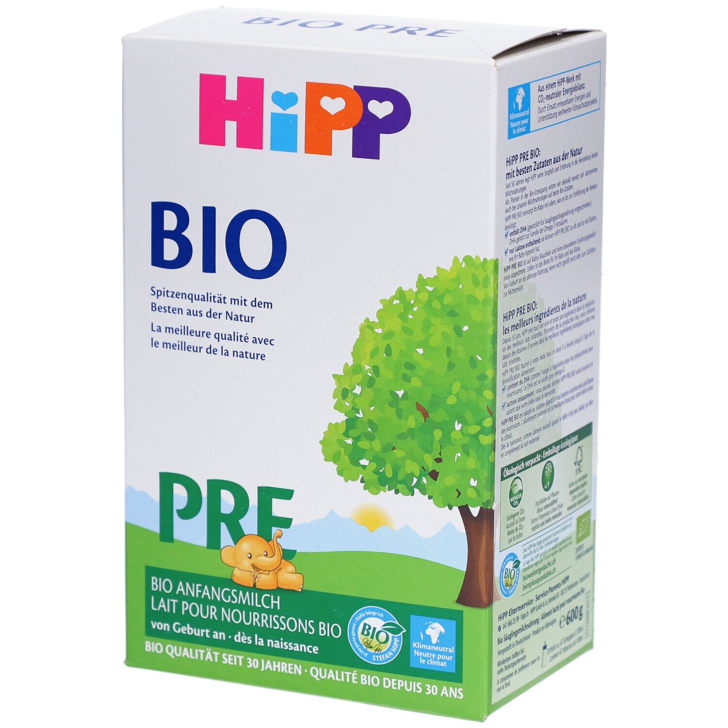 HiPP Bio PRE Säuglingsmilch-Verpackung. Weiße Box mit Logo, Baum-Illustration und Text. Bio-Qualität.