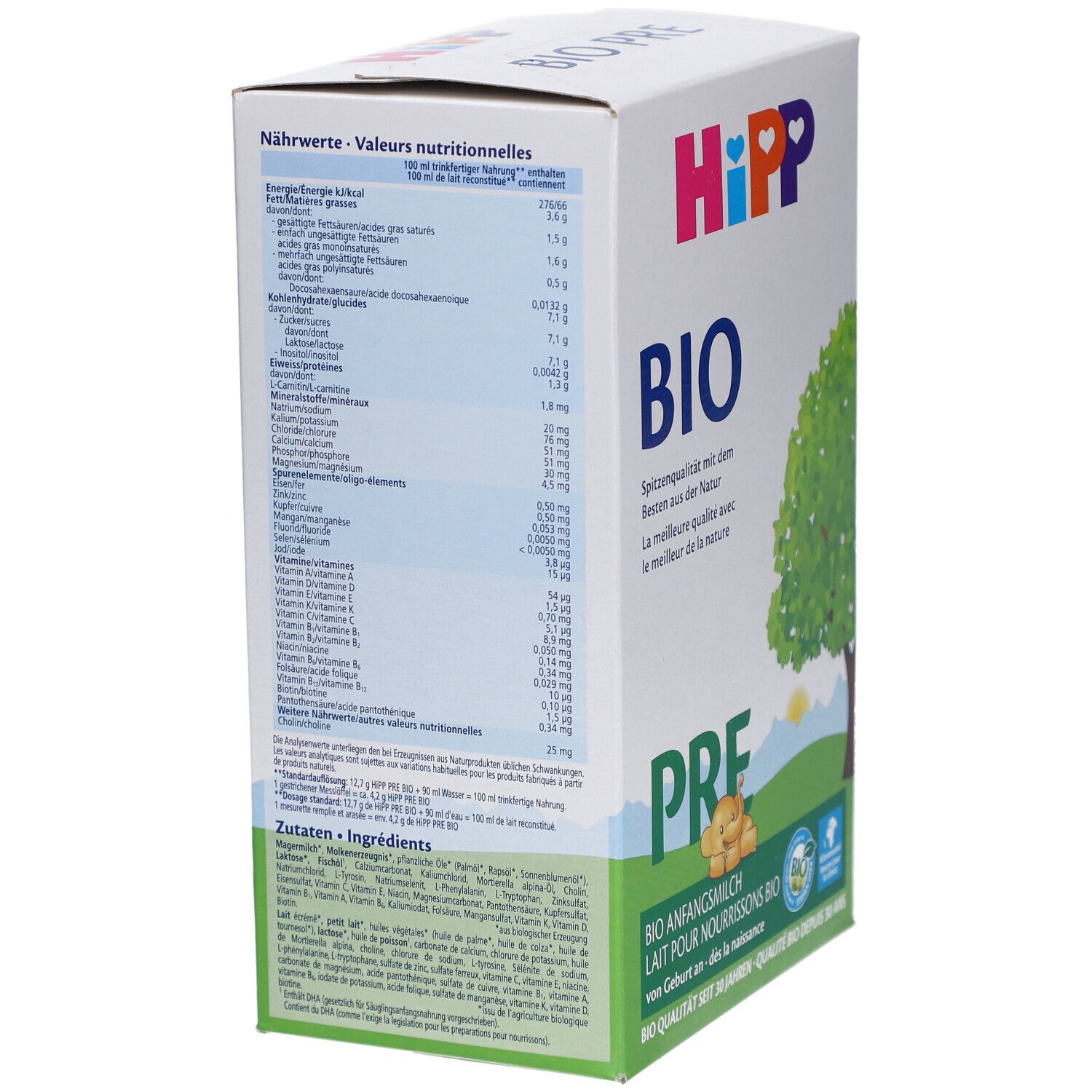 HiPP Bio PRE-Verpackung, Seitenansicht. Enthält Nährwertangaben und Zutatenliste. Weiße Box mit Text.