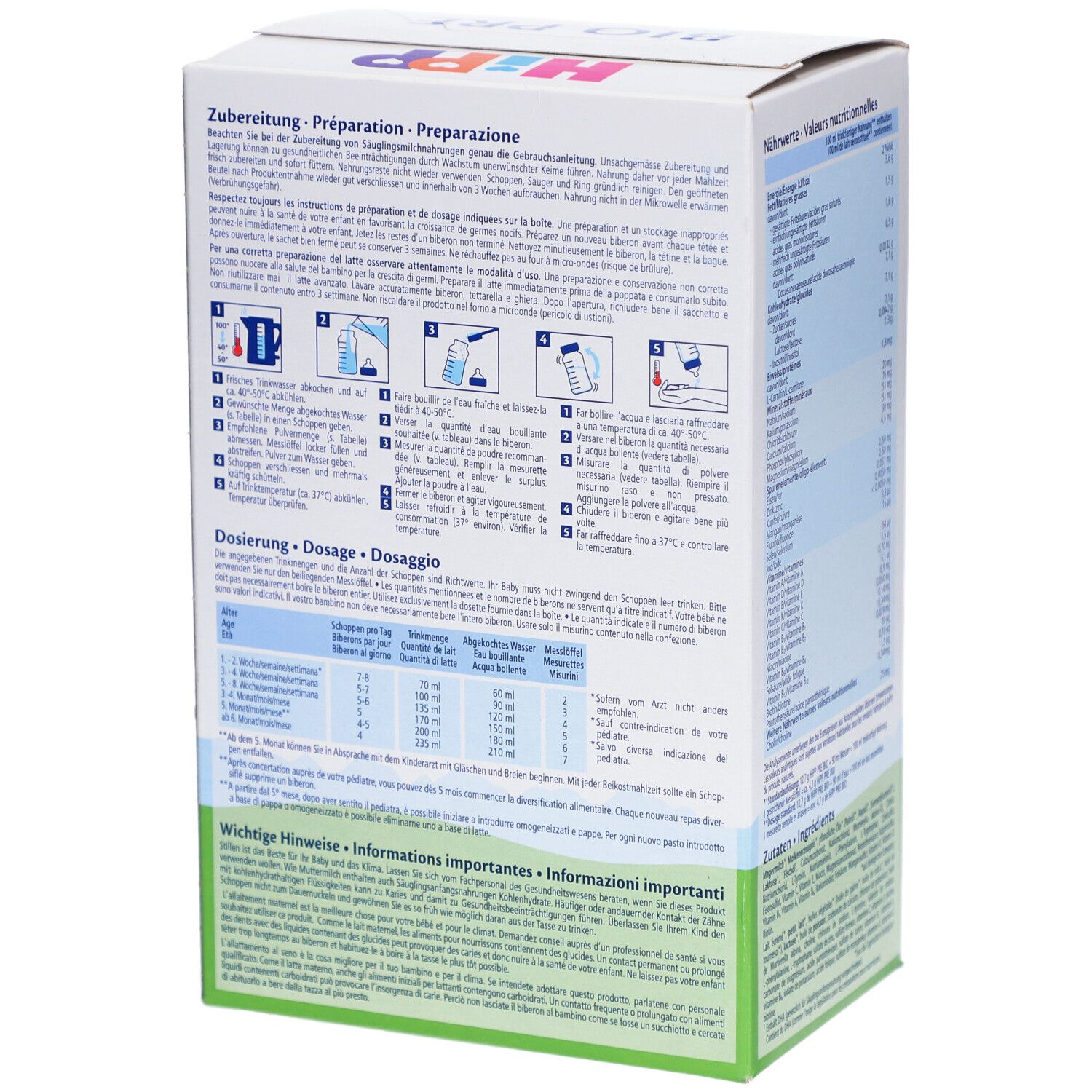 Rückseite der HiPP Bio PRE-Verpackung. Zeigt Zubereitungsanweisungen und Dosierungstabellen. Weiße Box mit Text.