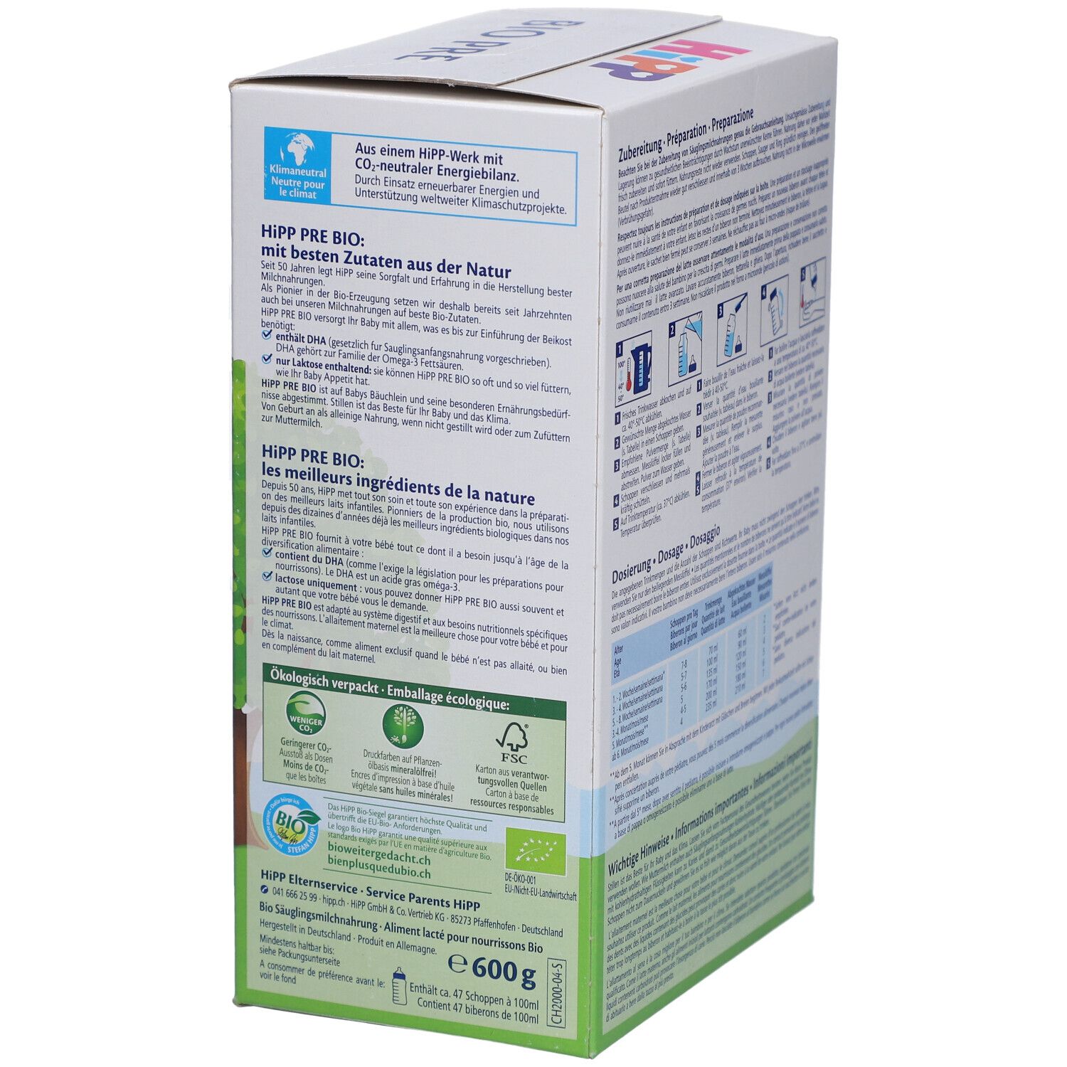 HiPP Bio PRE-Verpackung, Seitenansicht. Enthält Informationen über Inhaltsstoffe und Zertifizierungen. Weiße Box.