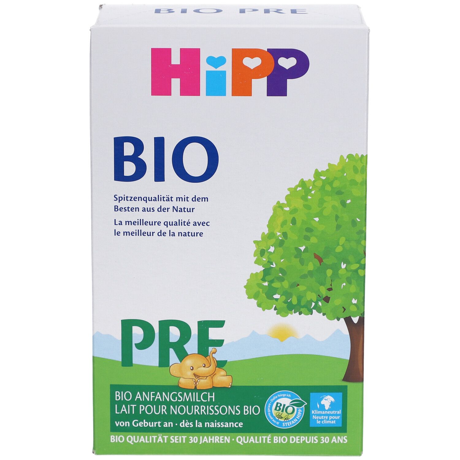 HiPP Bio PRE-Verpackung. Weiße Box mit Logo, Baum-Illustration und Text. Bio-Qualität.