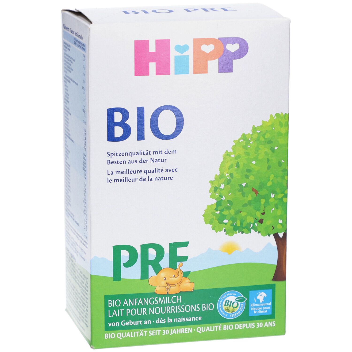 HiPP Bio PRE-Verpackung. Weiße Box mit Logo, Baum-Illustration und Text. Bio-Qualität.