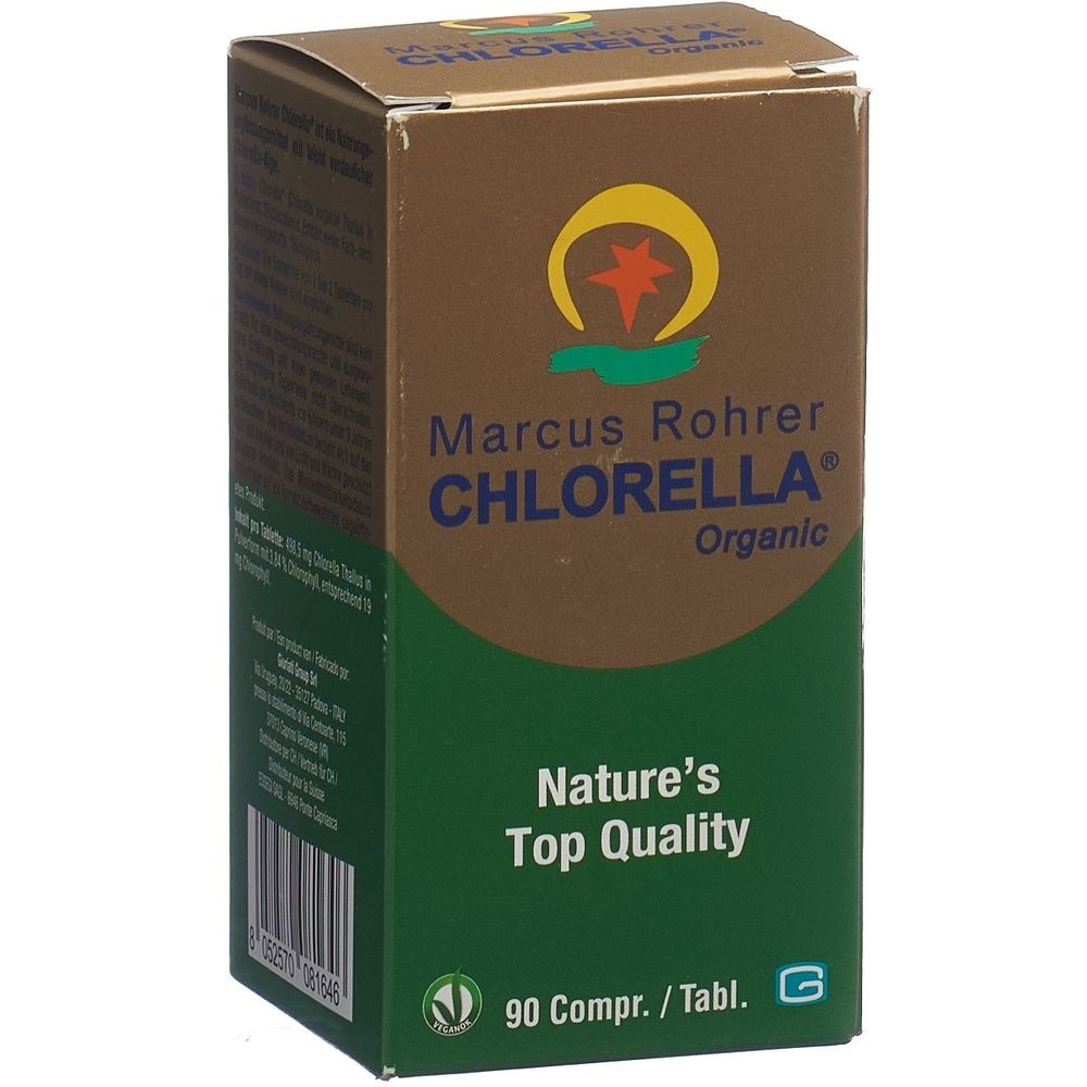 Boîte marron et verte "Marcus Rohrer Chlorella Organic". Contient 90 comprimés. Certification biologique.
