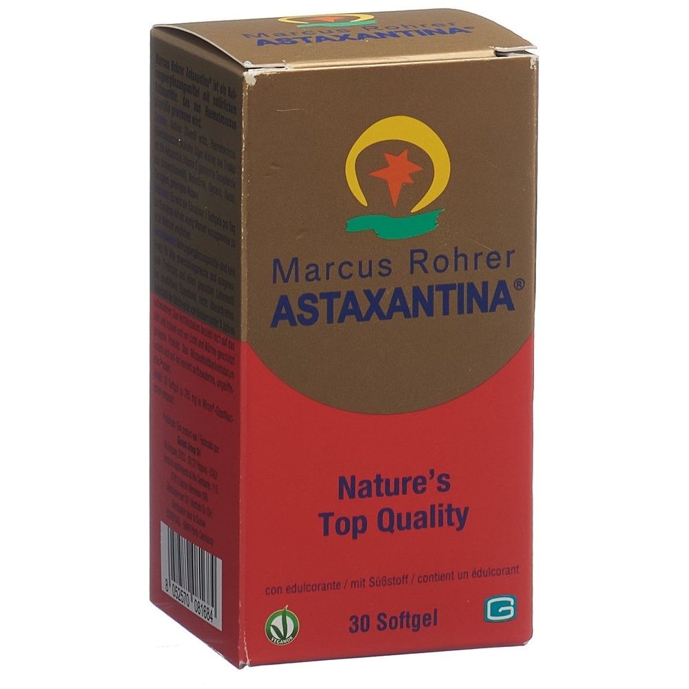 Boîte marron et rouge. Inscription: Marcus Rohrer Astaxantina, 30 gélules. Label: Vegan.