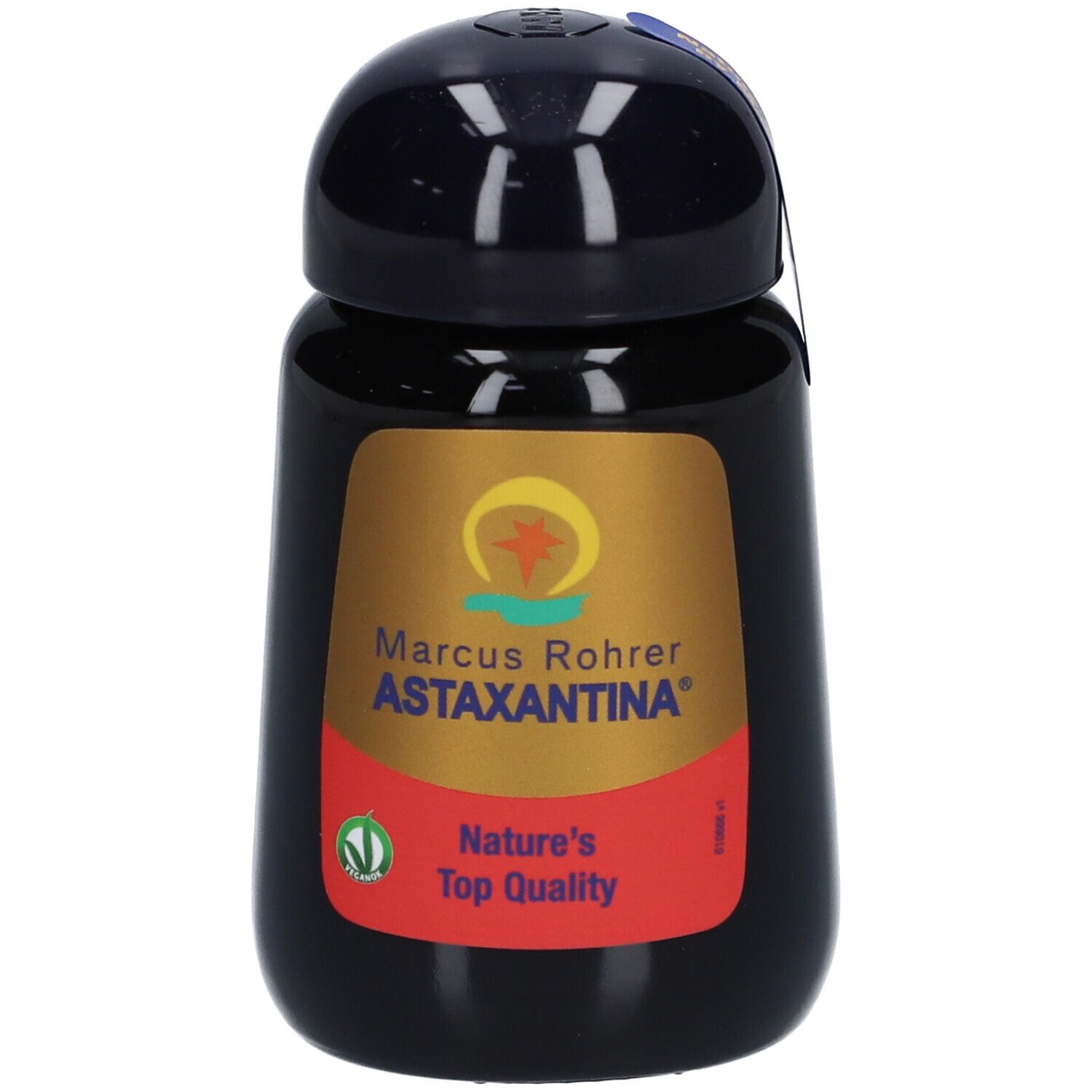 Flacon noir avec bouchon noir. Inscription: Marcus Rohrer Astaxantina. Label: Vegan. Autocollant: Nature's Top Quality.
