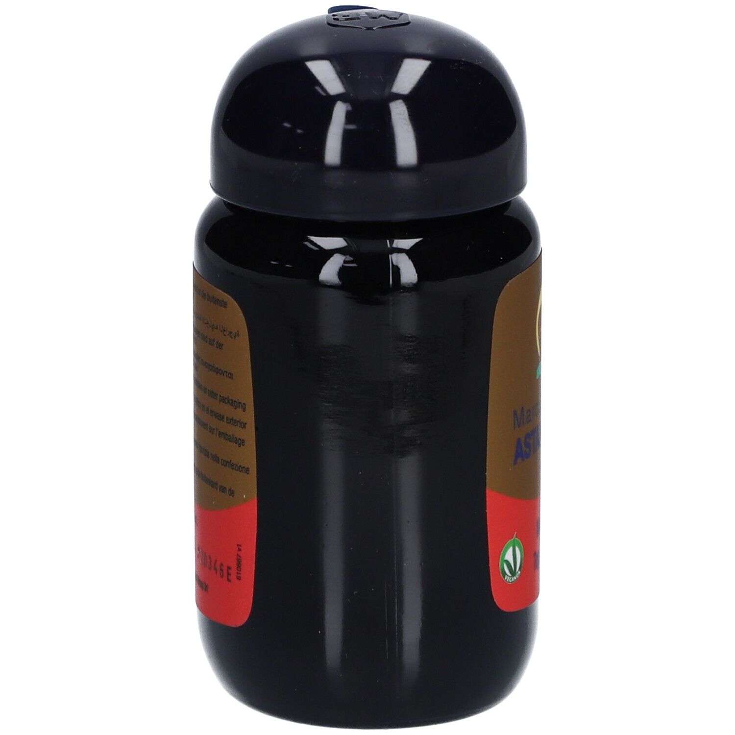 Flacon noir avec bouchon noir. Inscription: Marcus Rohrer Astaxantina. Dos avec texte. Label: Vegan.