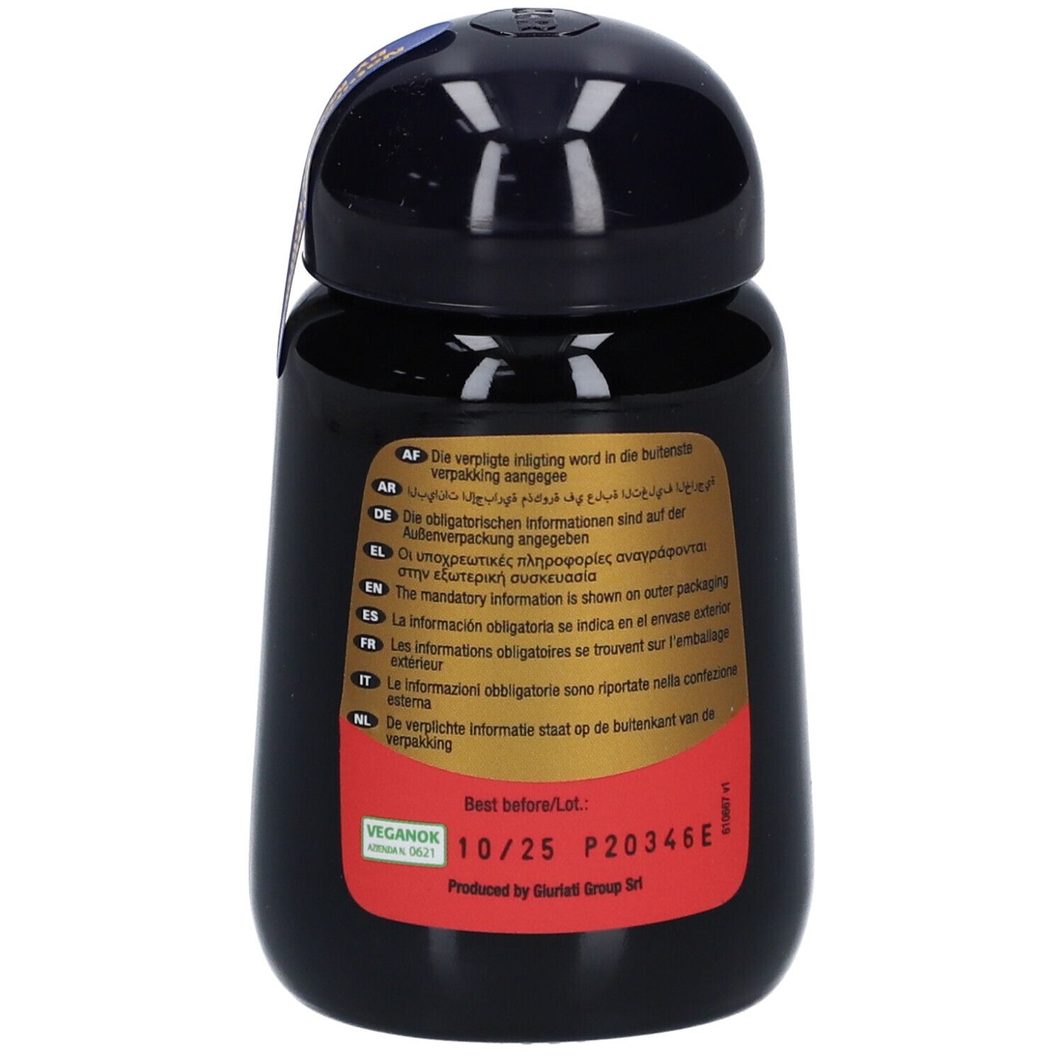 Flacon noir avec bouchon noir. Inscription: Marcus Rohrer Astaxantina. Dos avec texte. Label: Vegan.