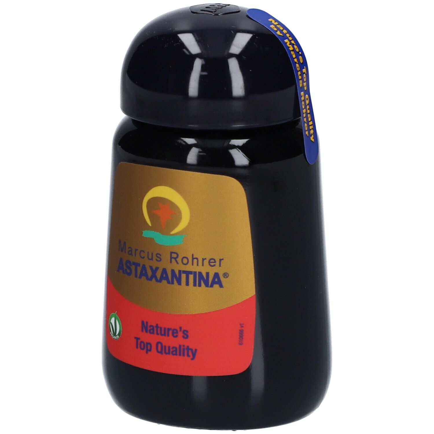 Flacon noir avec bouchon noir. Inscription: Marcus Rohrer Astaxantina. Label: Vegan. Autocollant: Nature's Top Quality.