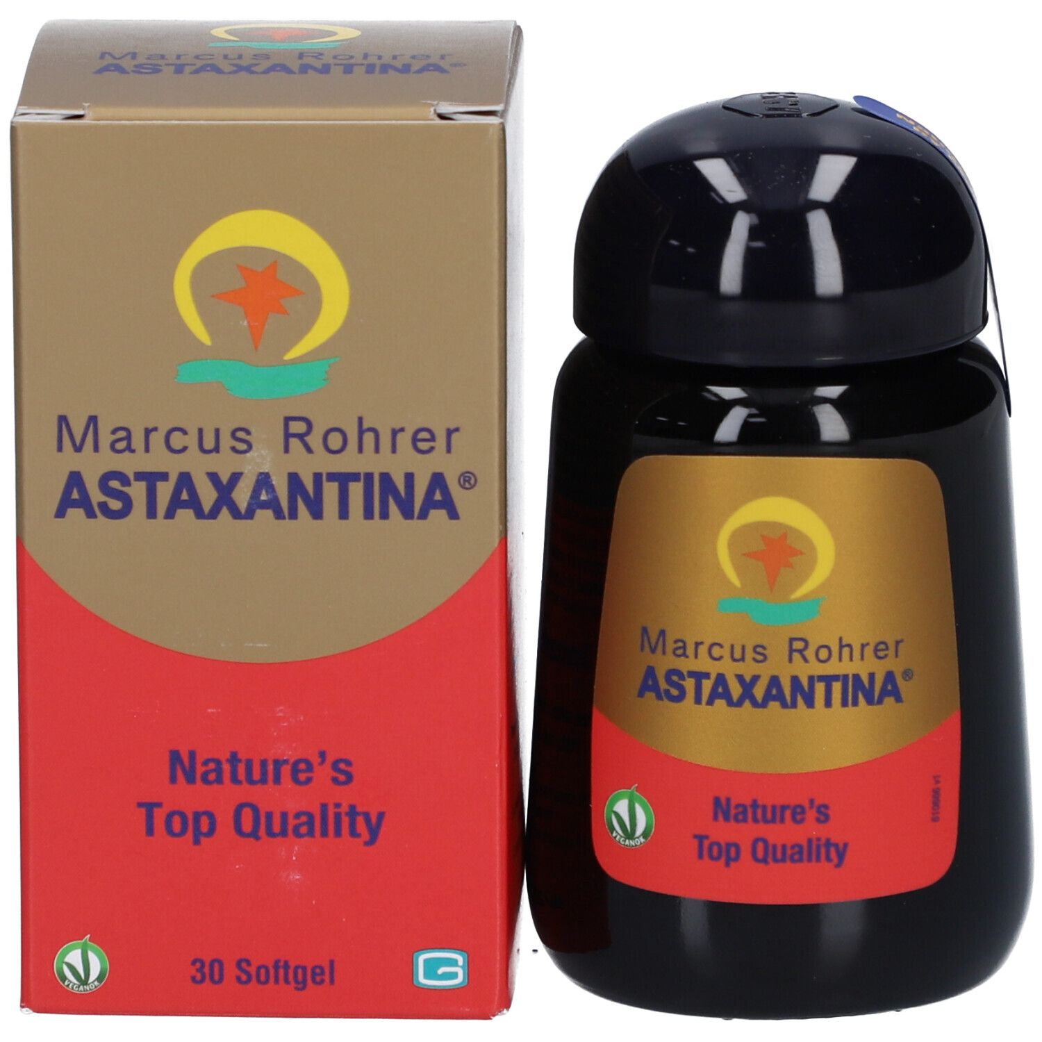 Emballage et flacon. Inscription: Marcus Rohrer Astaxantina. Label: Vegan. Autocollant: Nature's Top Quality.