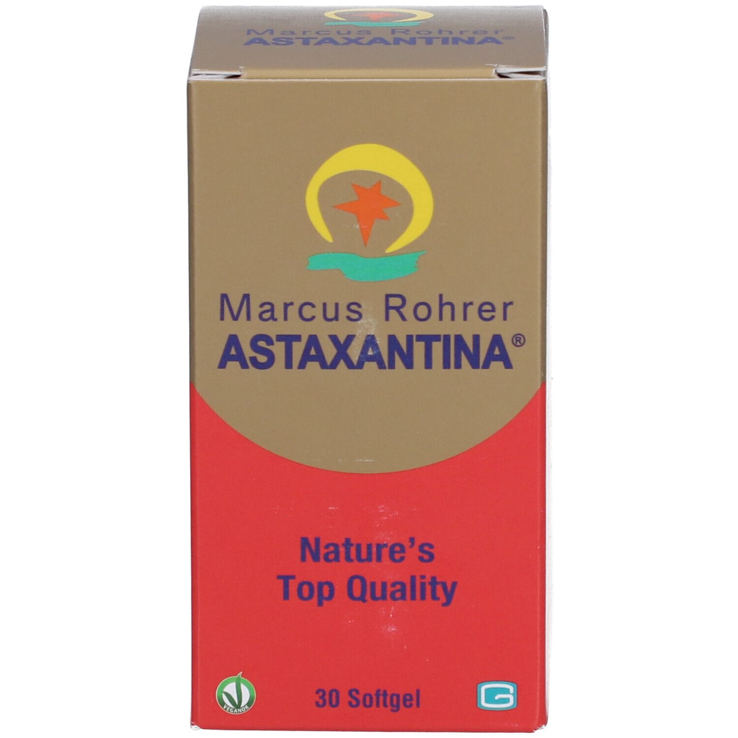 Boîte marron et rouge. Inscription: Marcus Rohrer Astaxantina, 30 gélules. Label: Vegan.