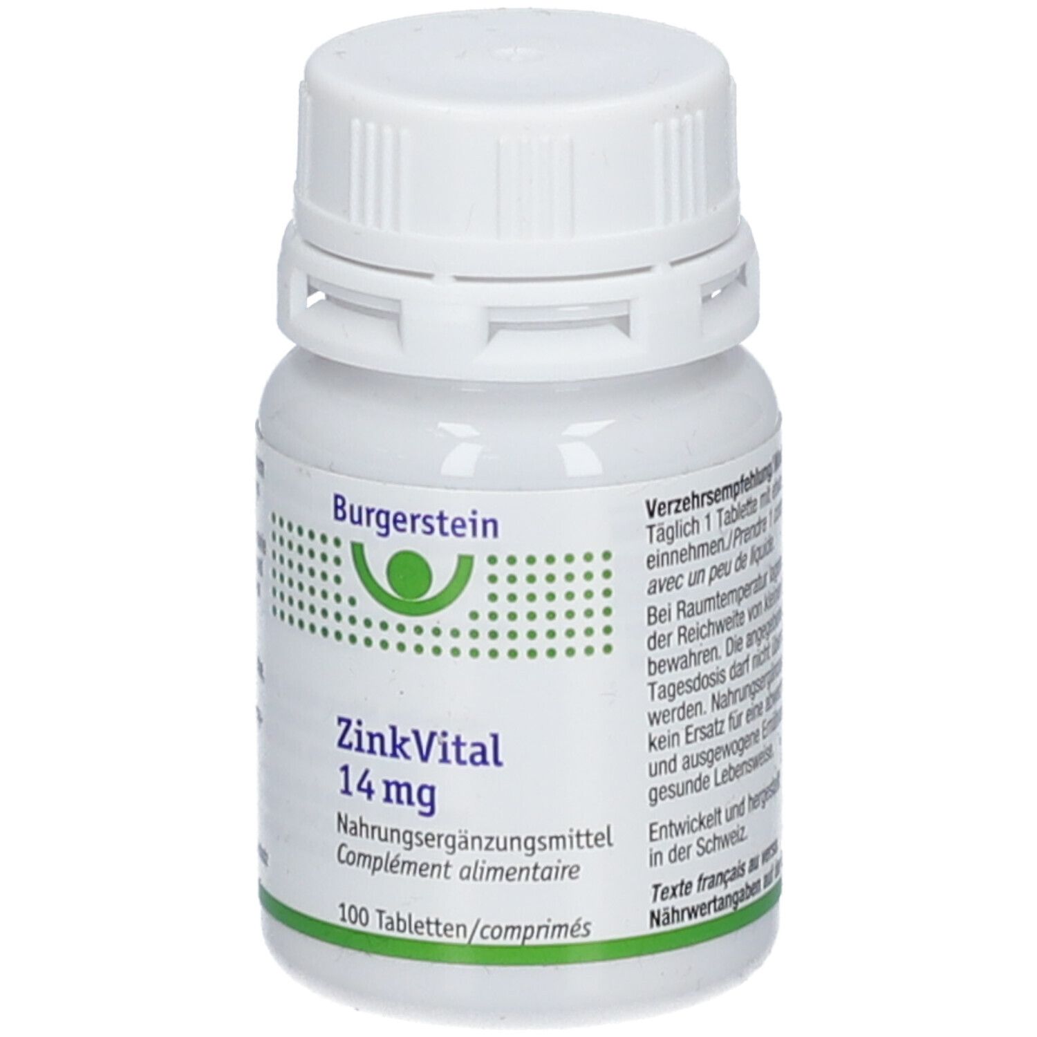 Weiße Flasche mit Schraubverschluss. Aufschrift: Burgerstein, ZinkVital 14 mg, Nahrungsergänzungsmittel. 100 Tabletten/comprimés.