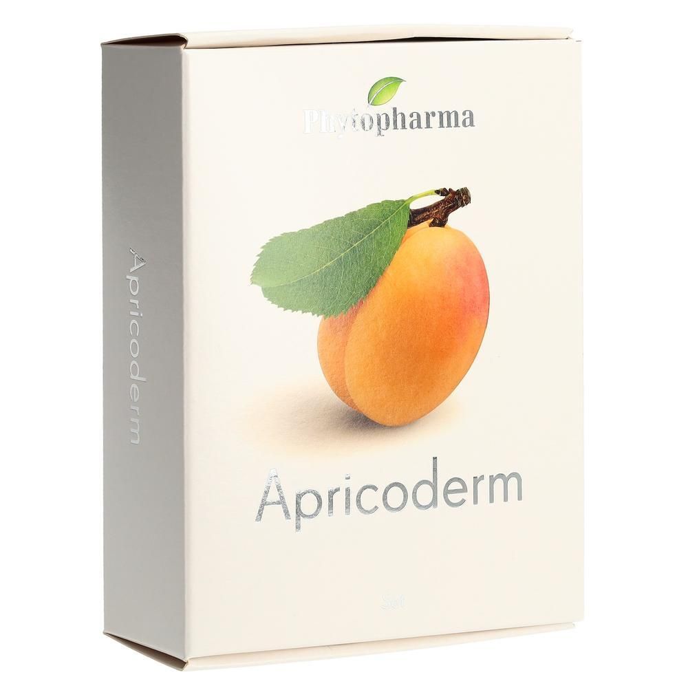 Kartonverpackung mit Logo Phytopharma und Aprikose-Abbildung. Schriftzug Apricoderm. Graue Schrift auf hellem Hintergrund.