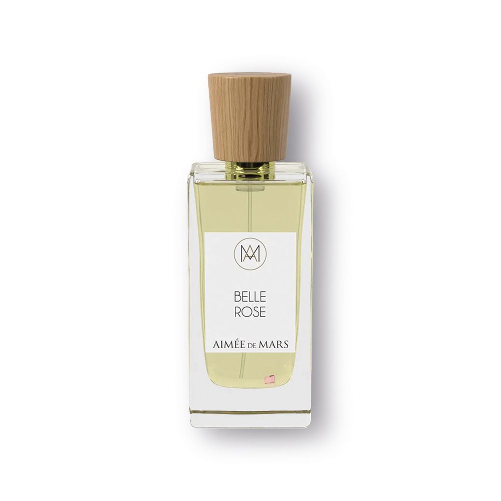 Parfümflasche mit Holzverschluss. Auf dem Etikett: Belle Rose, Aimée de Mars. Transparente Flüssigkeit.