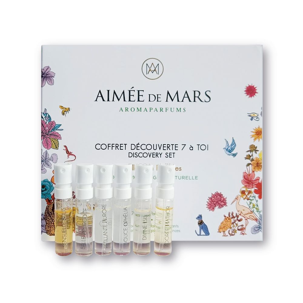 Geschenkset mit 7 Parfümproben. Weißer Karton mit floralen Illustrationen und Produktnamen. Proben in Glasfläschchen.