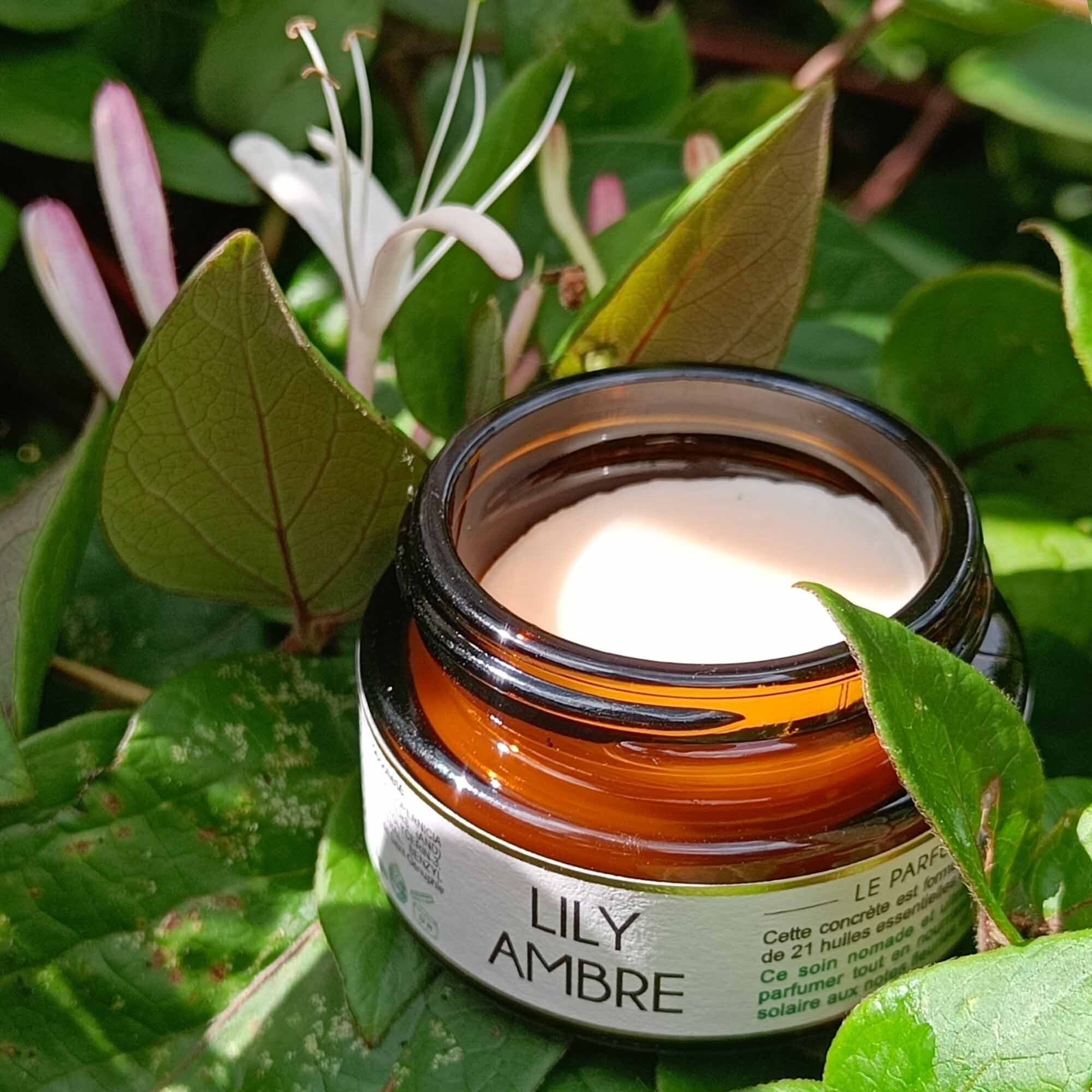 Braunes Glas mit cremefarbenem Inhalt, umgeben von grünen Blättern und Blüten. Aufschrift "LILY AMBRE".