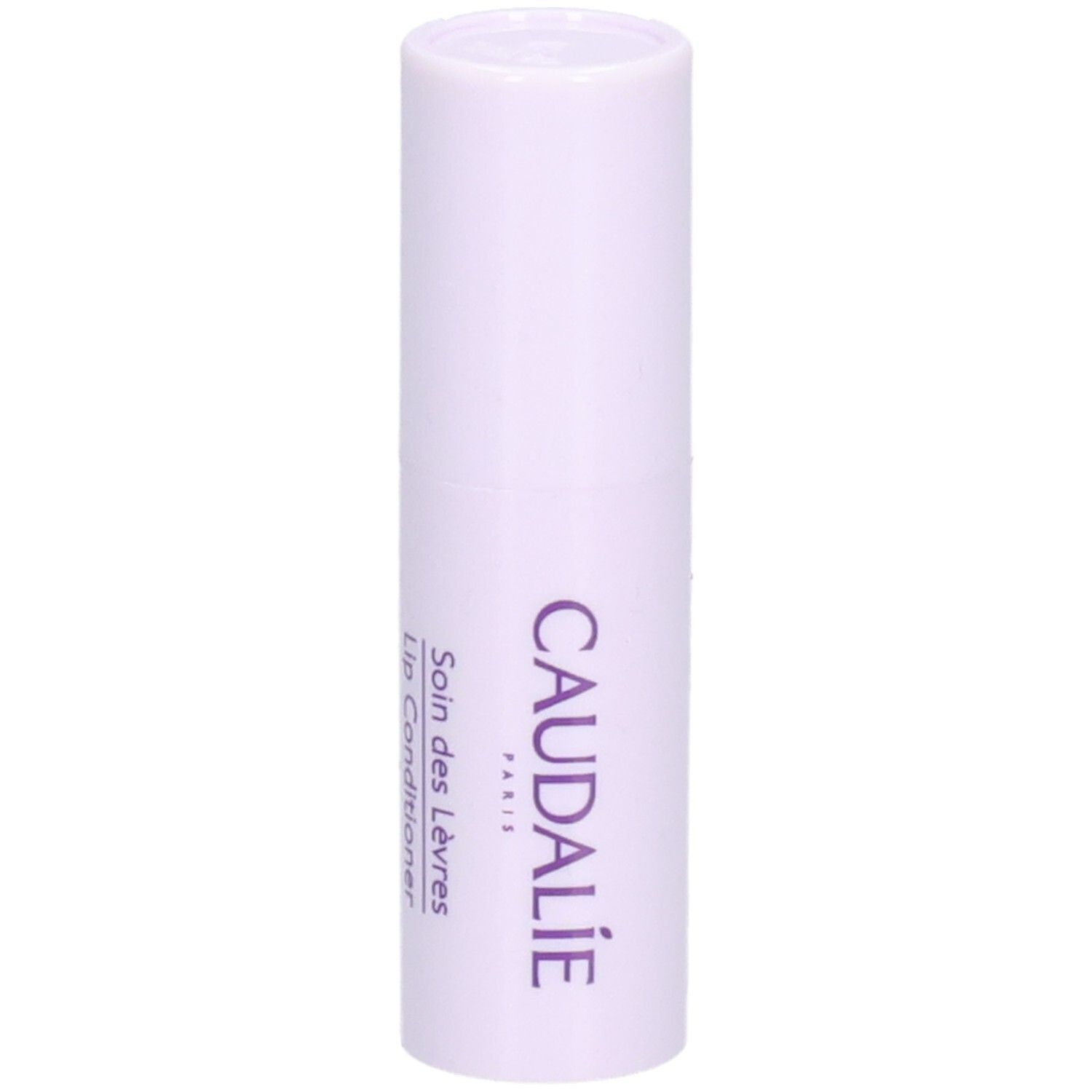 Stick à lèvres en étui blanc-violet. Inscription CAUDALIE PARIS. Texte: Soin des Lèvres, Lip Conditioner.