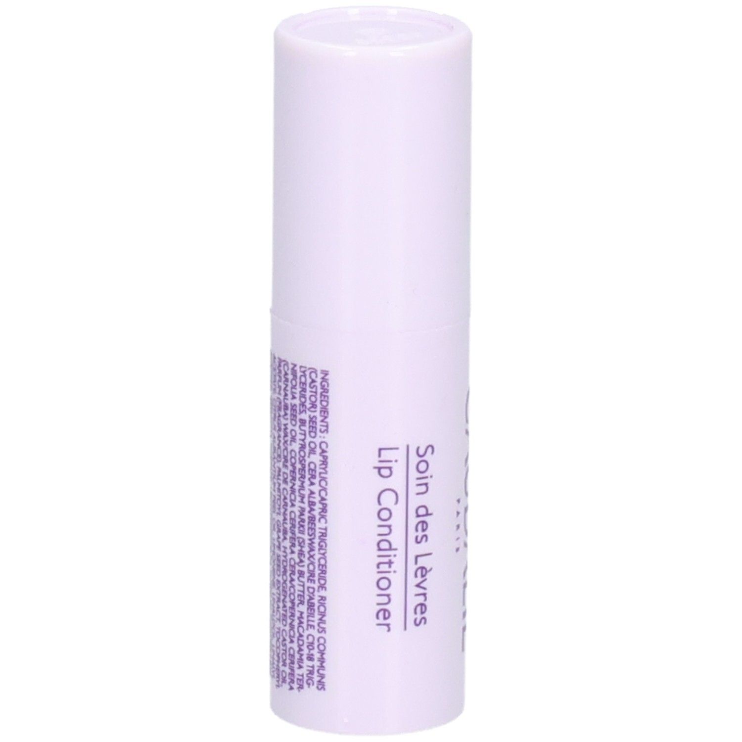 Stick à lèvres en étui blanc-violet. Texte: Soin des Lèvres, Lip Conditioner. Ingrédients imprimés.