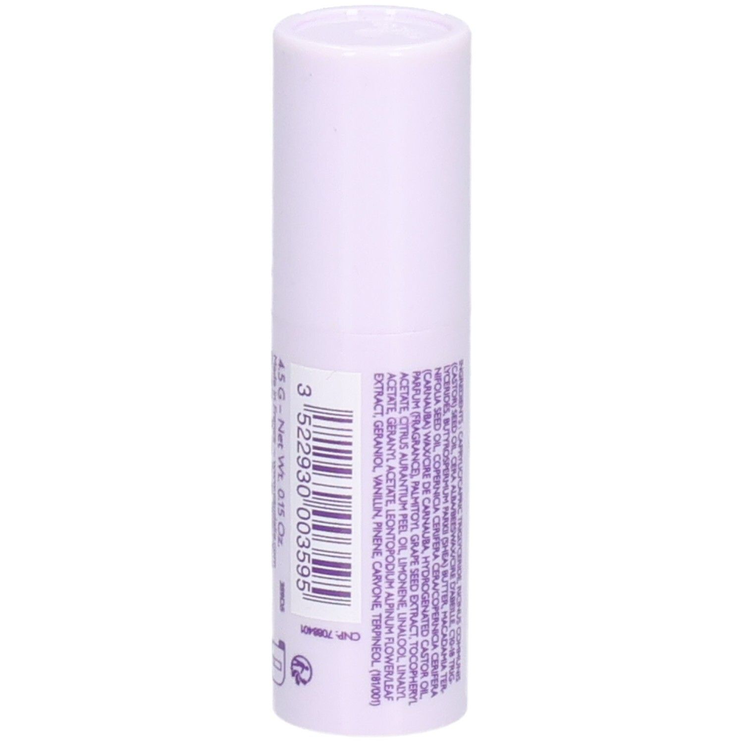 Stick à lèvres en étui blanc-violet. Imprimé: ingrédients, code-barres, 4,5g, Net Wt. 0,15 Oz.